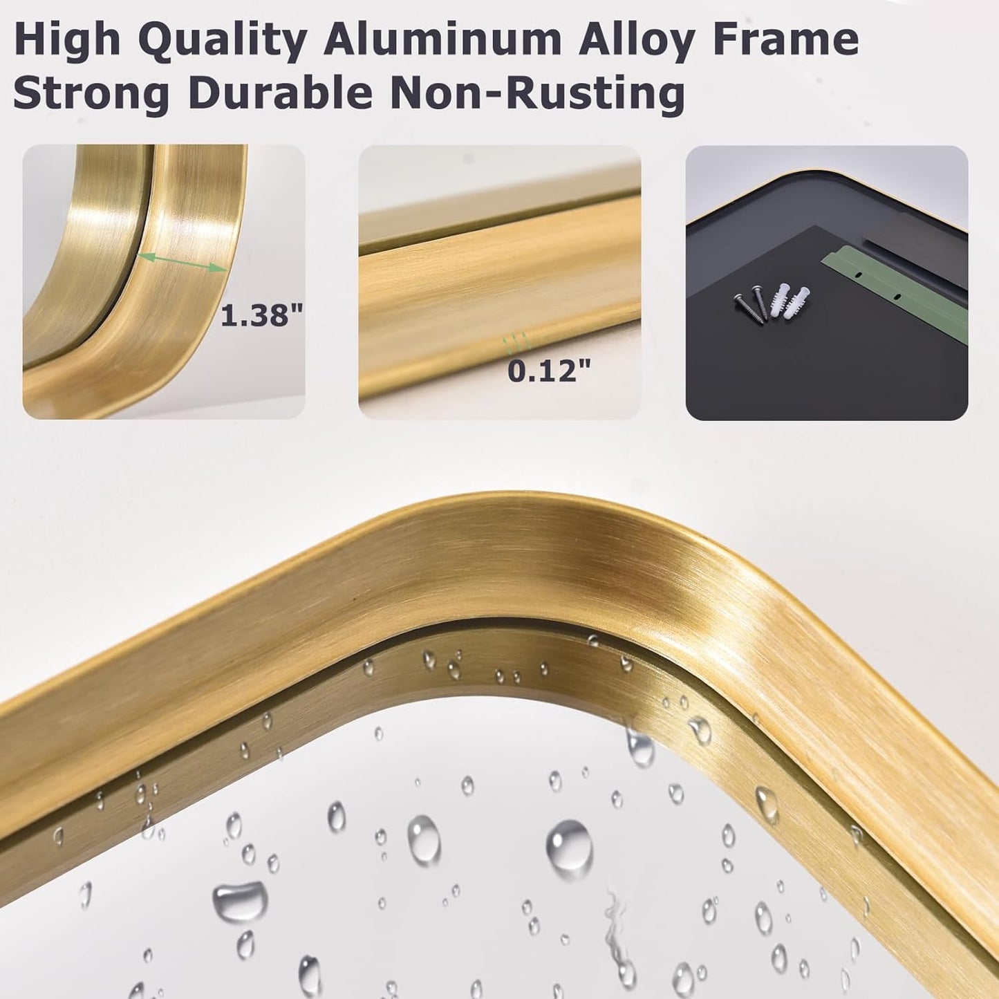 48 x 30 Inch Gold Bathroom Mirror, Rectangular Wall Mounted Shatterproof Mirror, Aluminum Alloy Frame with Rounded Corners, Horizontal or Vertical for Farmhouse Decor