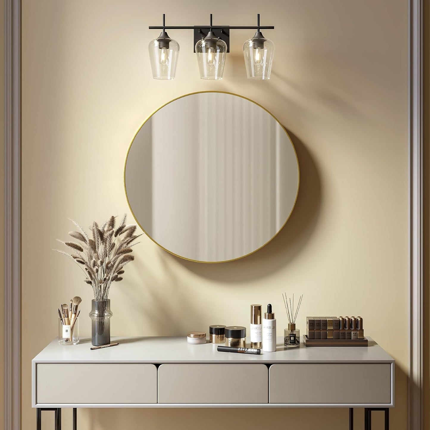 VONLUCE Bathroom Vanity Light, 3 Light Bathroom Light Fixture Over Mirror, Bathroom Wall Lamp with Clear Glass, Modern Black Vanity Lighting fixtures for Bathroom, Bedroom, Hallway