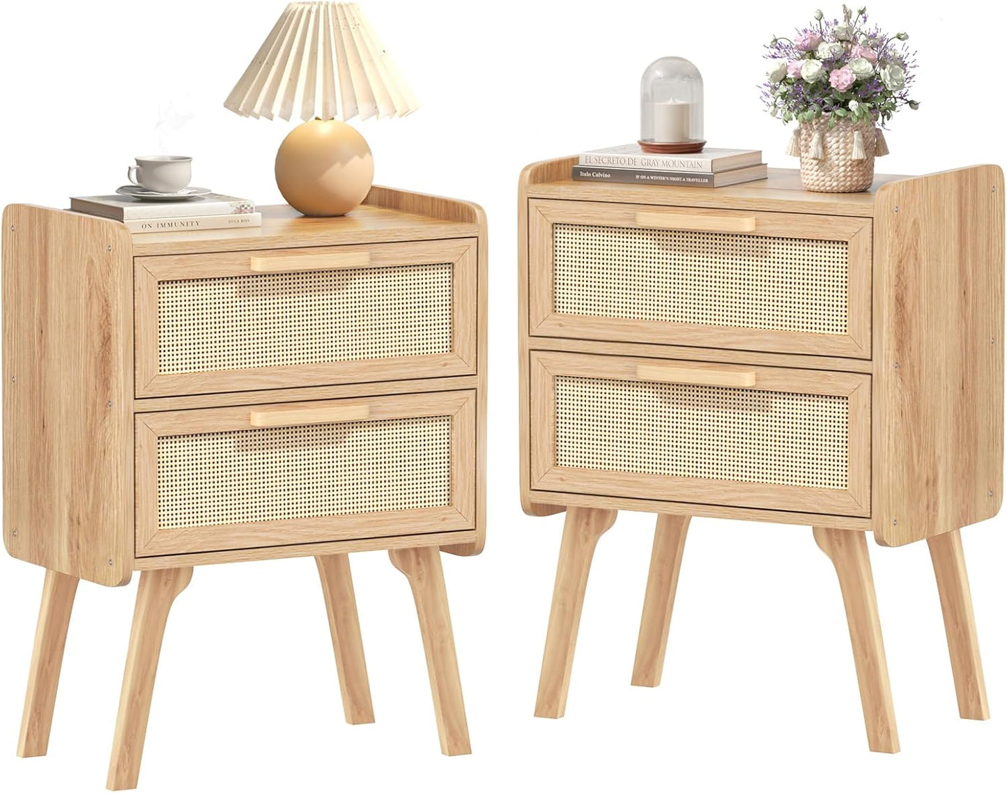 Lerliuo Rattan Nightstands Set of 2, Boho Night Stand with 2 Drawers, Cane Accent Side End Table, Bedside Table with Solid Wood Legs for Bedroom, Dorm and Small Spaces (Natural)