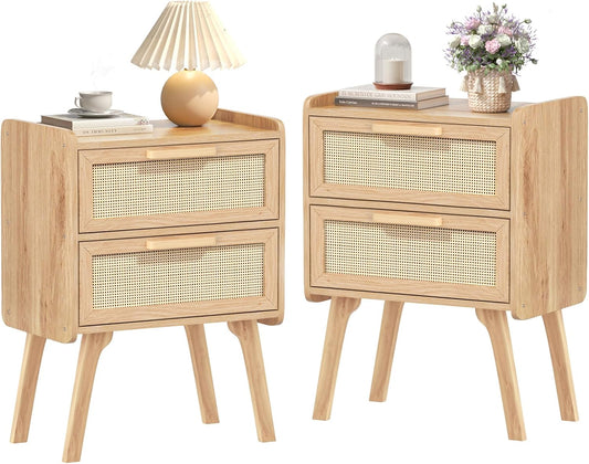 Lerliuo Rattan Nightstands Set of 2, Boho Night Stand with 2 Drawers, Cane Accent Side End Table, Bedside Table with Solid Wood Legs for Bedroom, Dorm and Small Spaces (Natural)