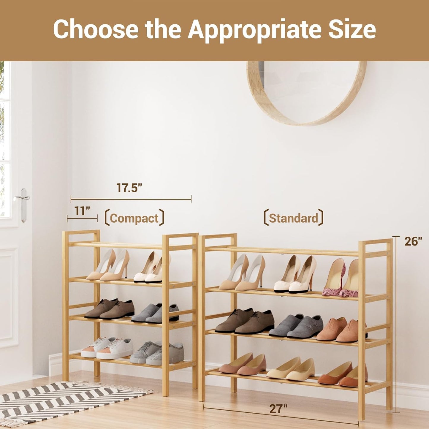 Haddockway Bamboo Shoe Rack for Closet, Free Standing Shoe Organizer with Smooth Round Rods & Convenient Handles, Stackable Shoe Storage Shelf for Entryway, Hallway(Natural, 4-Tier(Small))