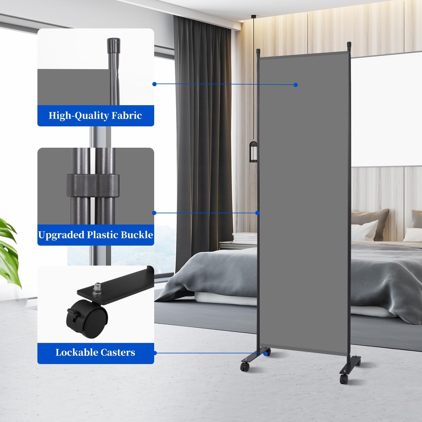 Room Divider 6FT Room Partition with Lockable Wheels, 1 Panel (Thicked Metal Base) Room Dividers, Freestanding Indoor Folding Privacy Screens, Portable Fabric Wall Divider for Room Separation, Grey