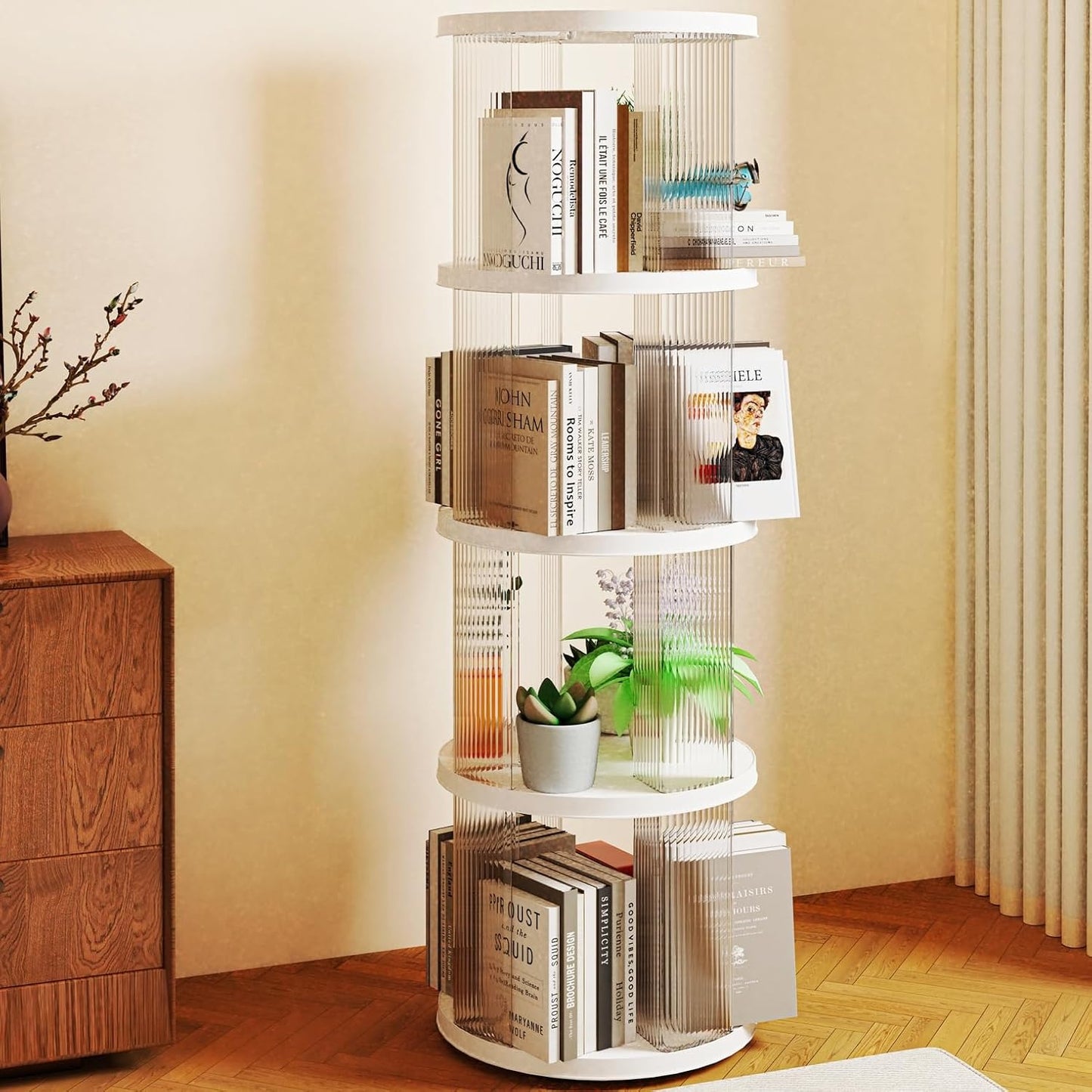 4 Tier Rotating Bookshelf Spinning Bookshelf Tower Swivel Bookcase Round Book Shelf for Small Space Revolving Bookcase for Playroom Bedroom Living Room