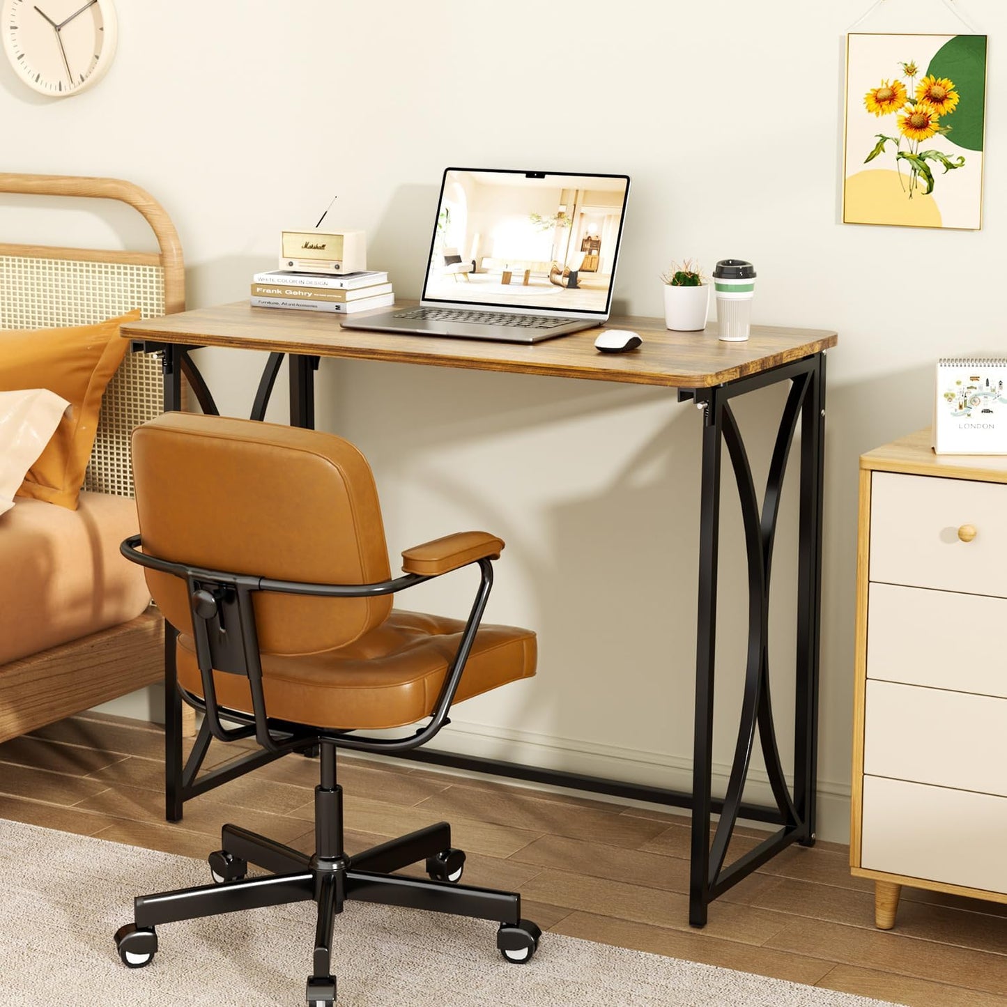Folding Desk, 31.5" Small Desk for Bedroom, Space Saving Foldable Computer Desk for Home Office, Easy Assembly, Brown