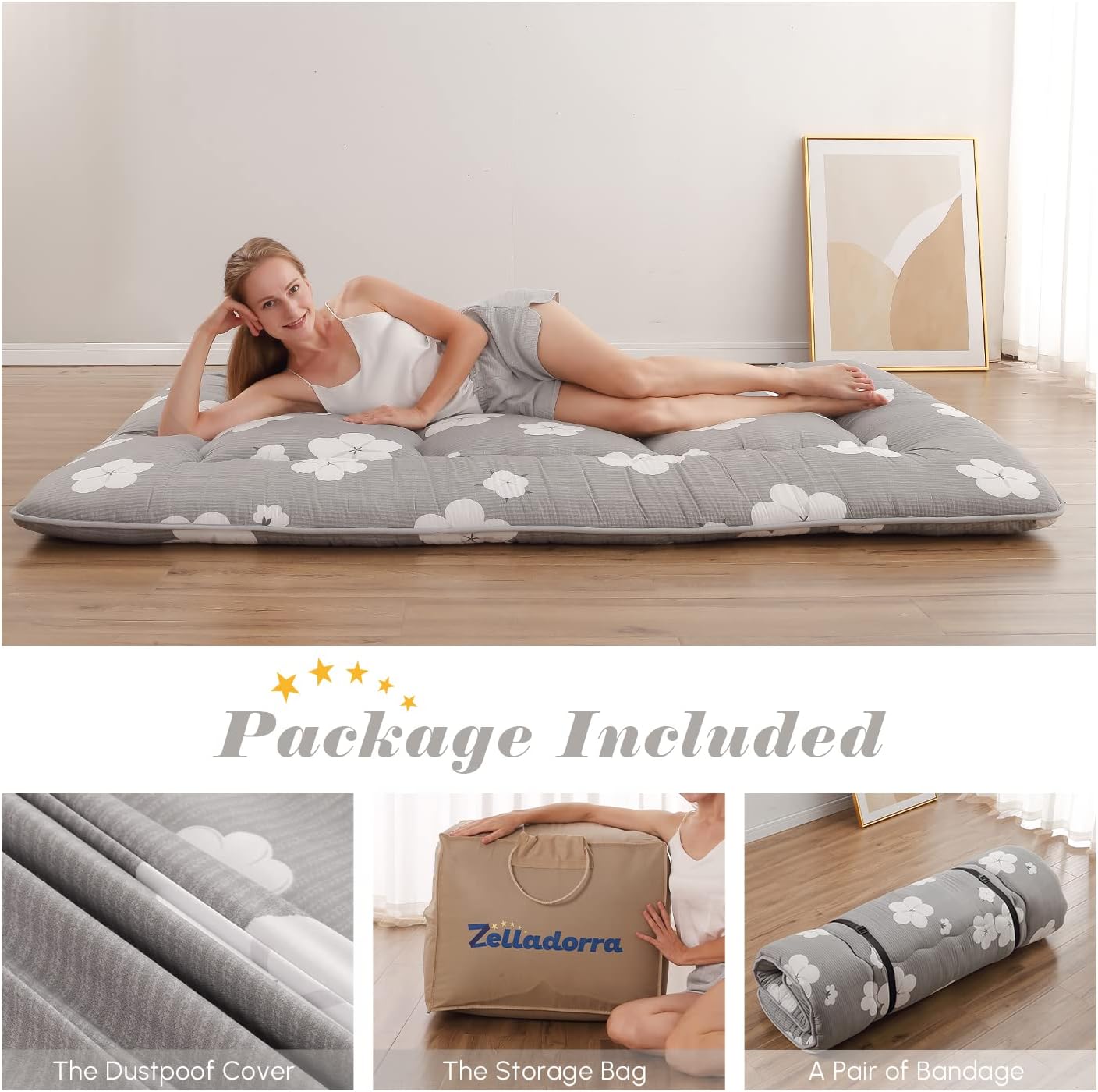 Japanese Floor Mattress Full, Futon Mattress with Storage Bag and Washable Cover, Roll Up Tatami Mat Suitable for Guest Room, Grey Cotton
