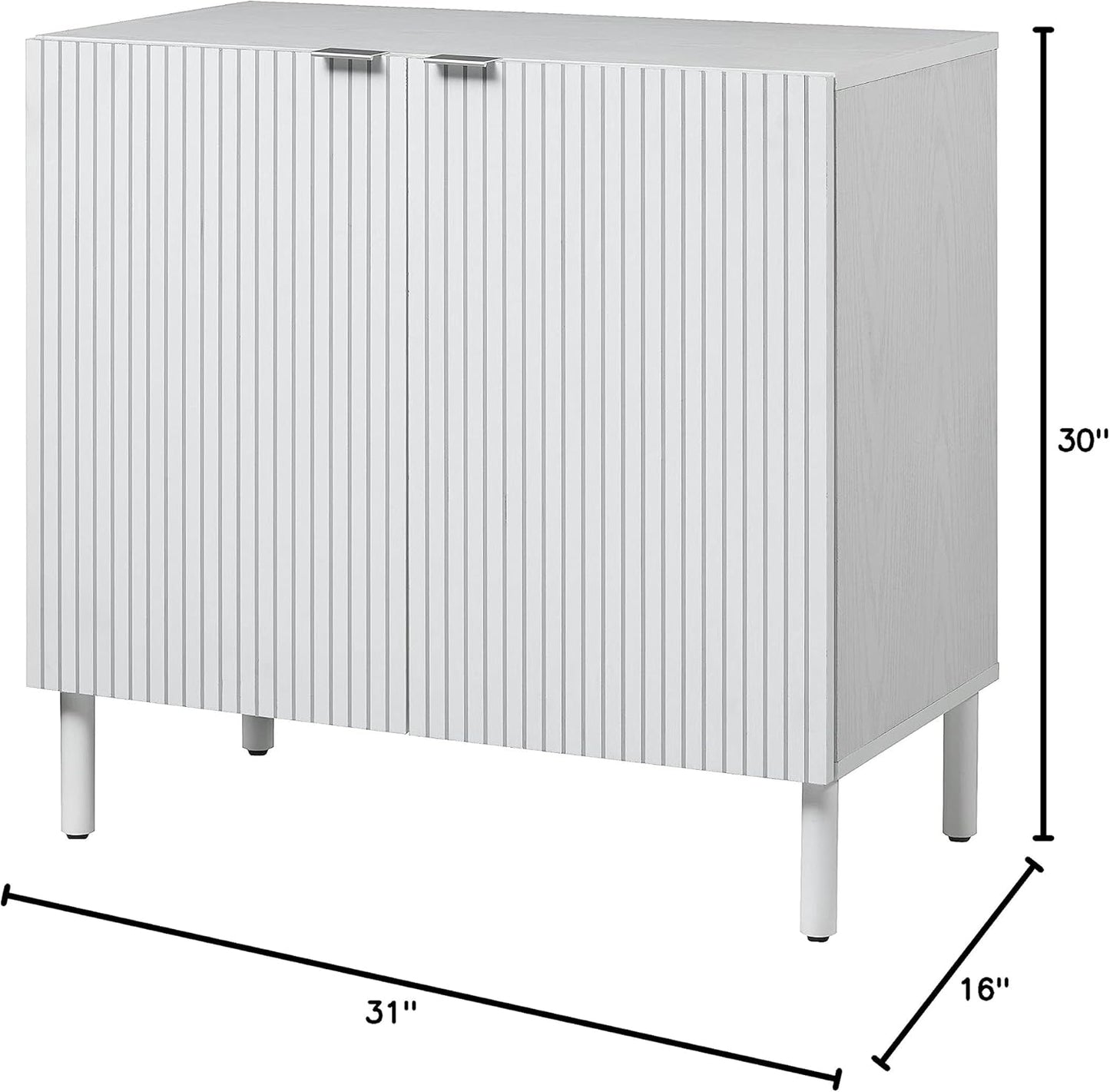 Sango Merk 2-Door Cabinet, Modern White Storage Cabinet with Vertical Groove Doors, Adjustable Shelf, Cylindrical Wood Legs, Discreet Metal Finger Pulls, Stylish Furniture for Living or Dining Room
