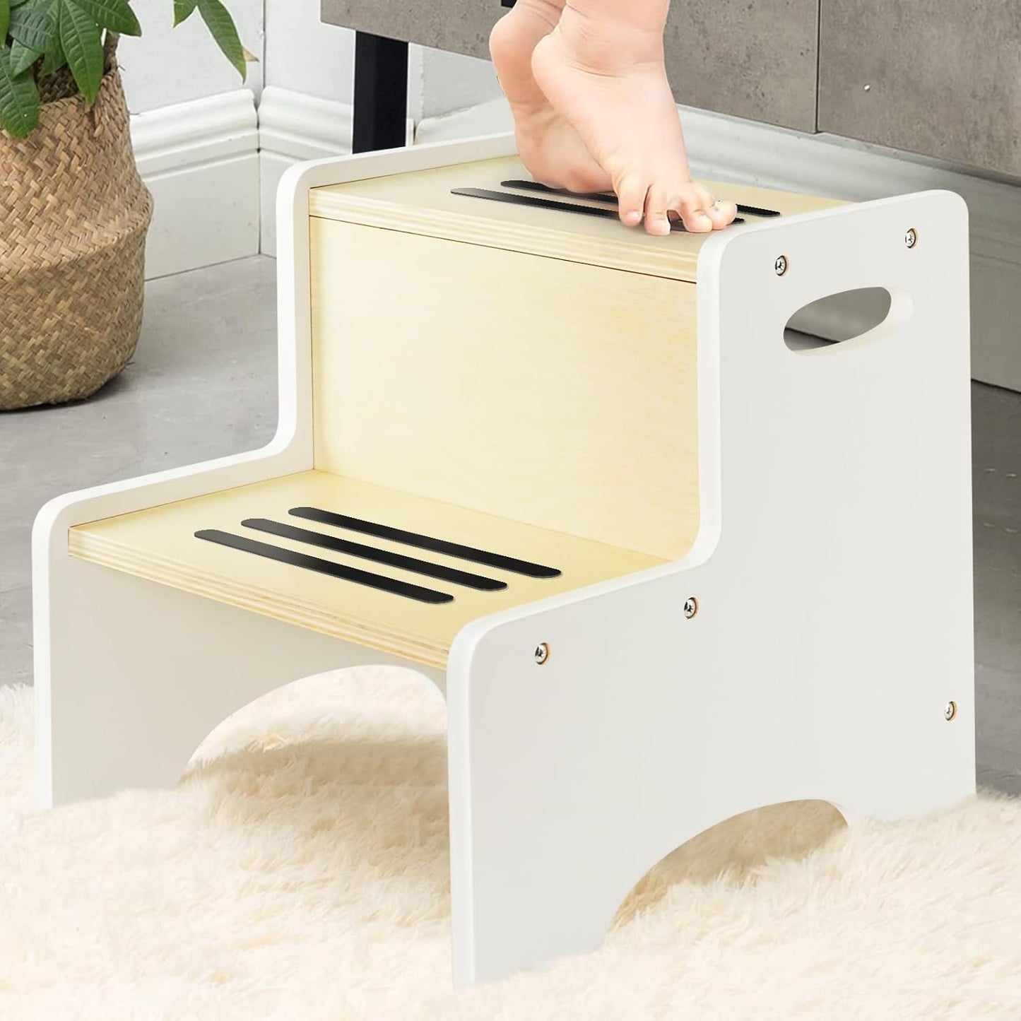 WOOD CITY Kids Step Stool for Toddler, Wooden White-Natural Patchwork Two Step Children's Stool with Handles, Bonus Non-Slip Pads for Safety, Bathroom Potty Stool & Kitchen Step Stools Dual Height