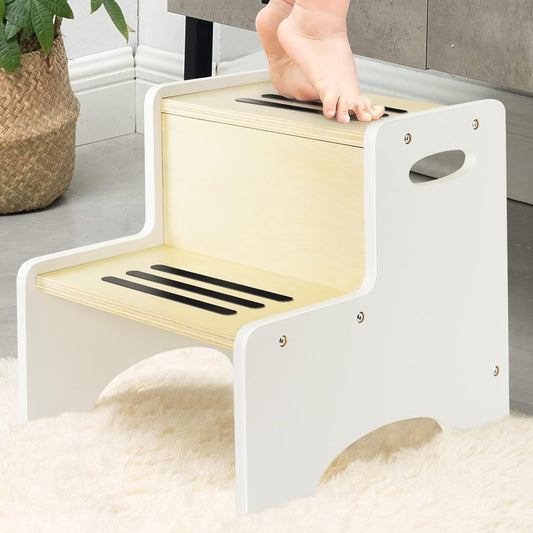 WOOD CITY Kids Step Stool for Toddler, Wooden White-Natural Patchwork Two Step Children's Stool with Handles, Bonus Non-Slip Pads for Safety, Bathroom Potty Stool & Kitchen Step Stools Dual Height