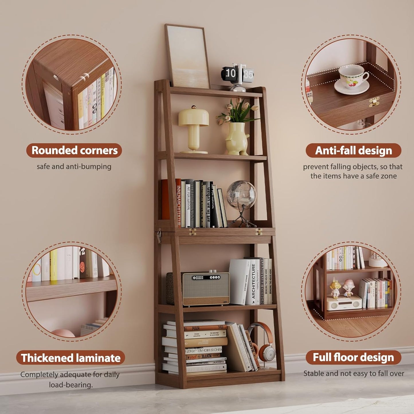 Soild Wood Ladder Book Case Organizer, 4-Tier, Modern Display Bookshelf Wood Frame,Children's Room Free Standing Organizer Storage Cabinet,for Bedroom and Office, Balcony, Walnut