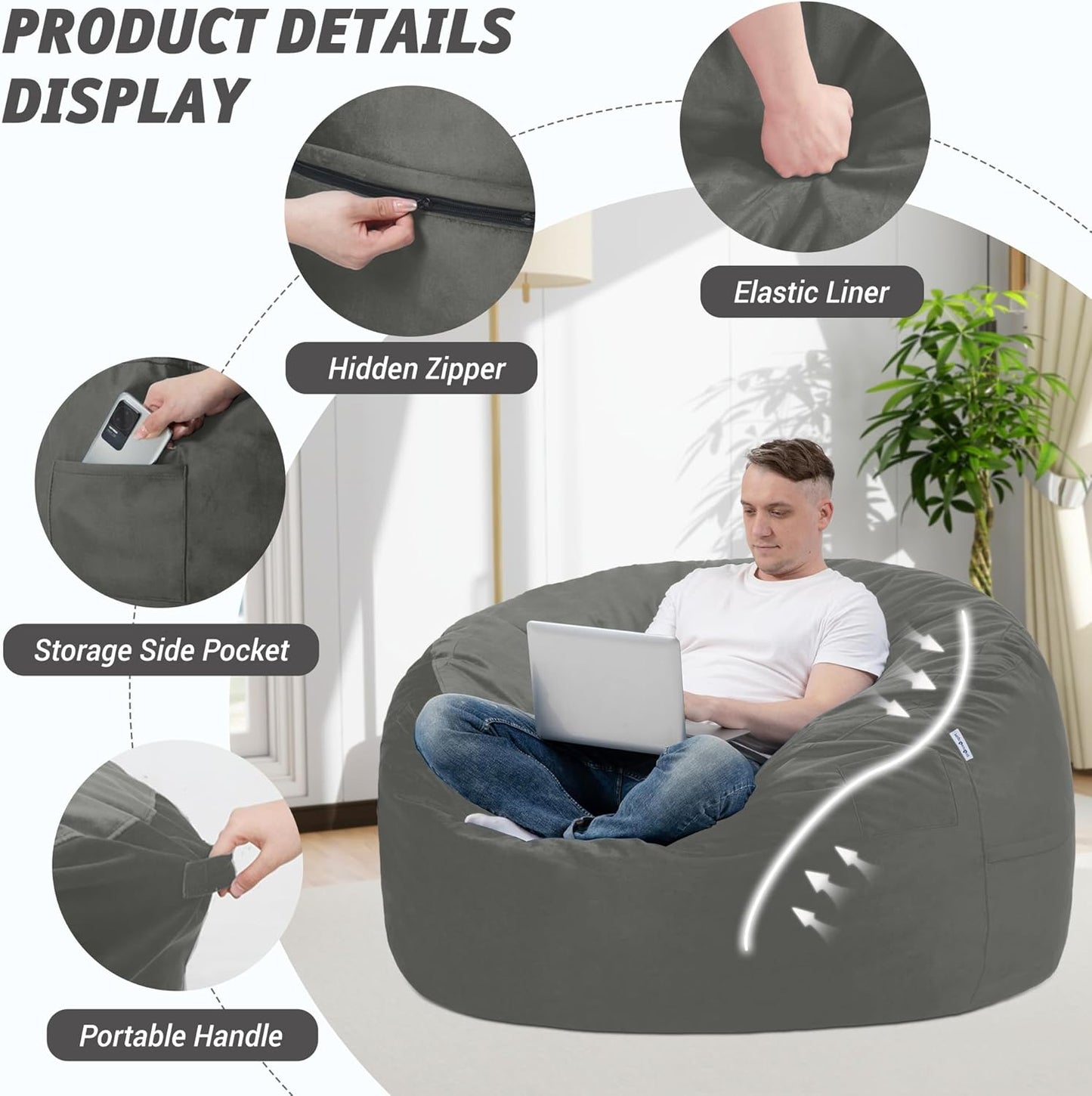 3FT Bean Bag Chair with Ultra Soft Velvet Cover Bean Bag Sofa with Memory Foam Bean Bag Chairs with Large Size Lazy Sofa for Dorm Office Living Room Bedroom Light Grey 3'