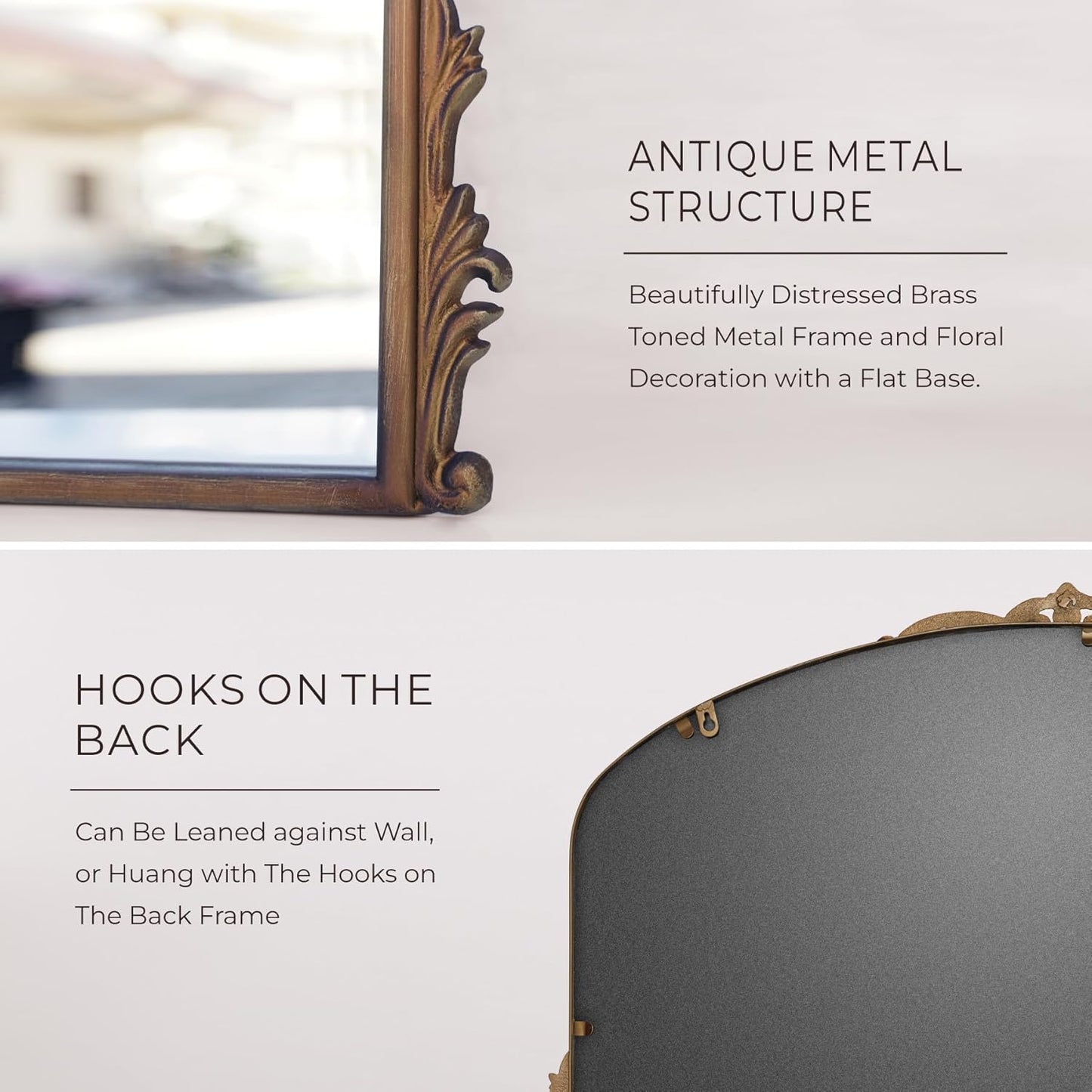 Distressed Antique Brass Wall Mirror Wide - 36x24 inch, Large Vintage Gold Fireplace Mantle Mirror, Baroque Ornate Decorative Bathroom Mirror for Over Sink