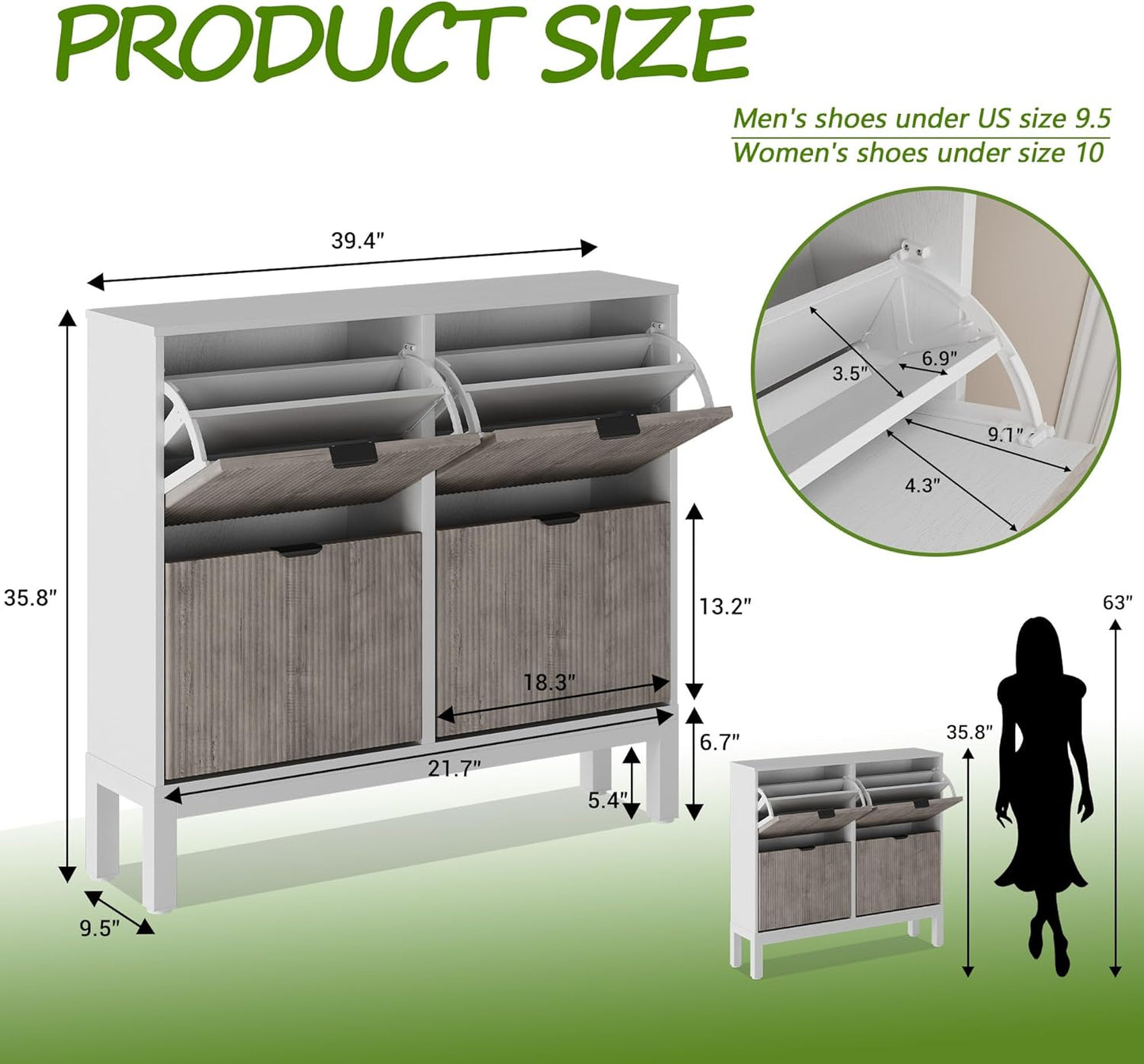 GarveeHome Fluted Shoe Storage Cabinet with 4 Flip Drawers, Narrow Wooden Shoe Organizer with Metal Legs, Modern Farmhouse Hidden Shoe Rack for Entryway, Hallway, White+Gray