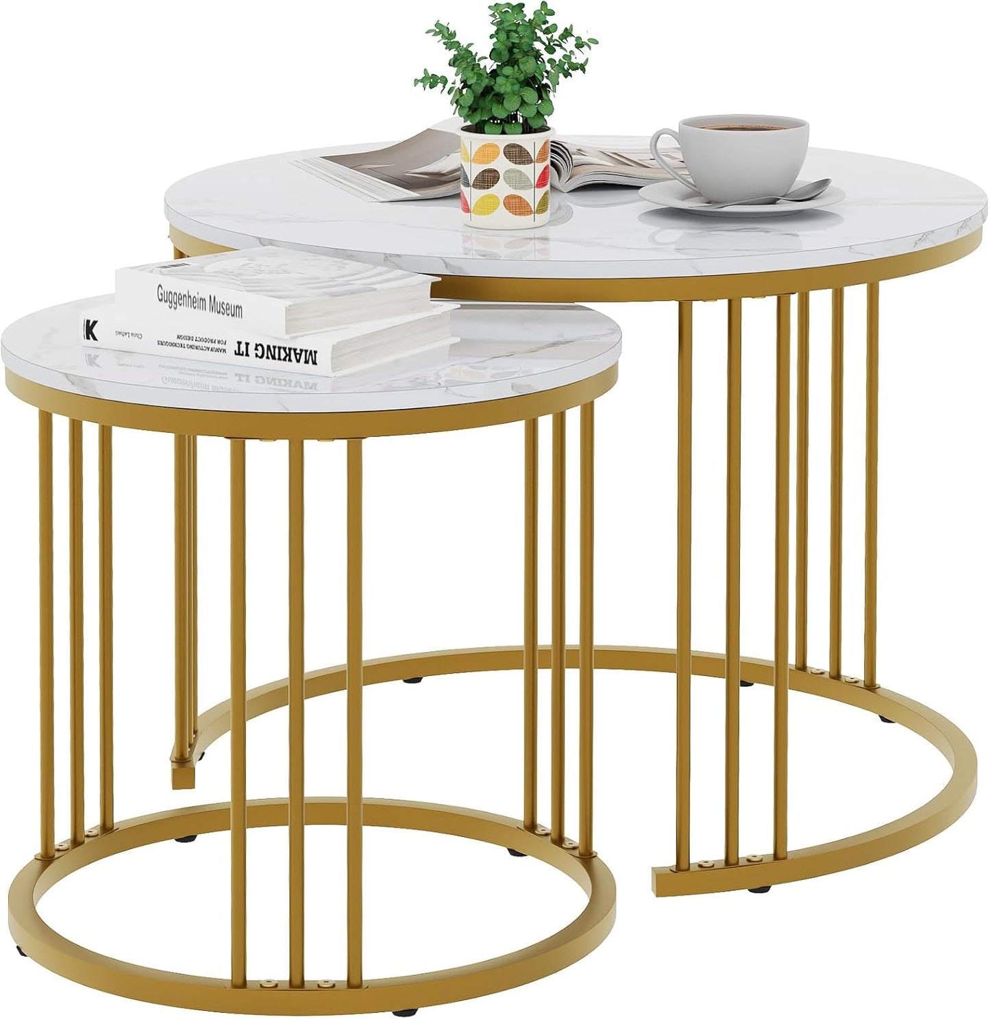 Garden 4 you Coffee Table Faux Marble Nesting Table for Small Place 2 Sets Modern Furniture Living Room Sets End Side Table Night Stand for Bed Room Dining Room (White & Gold)