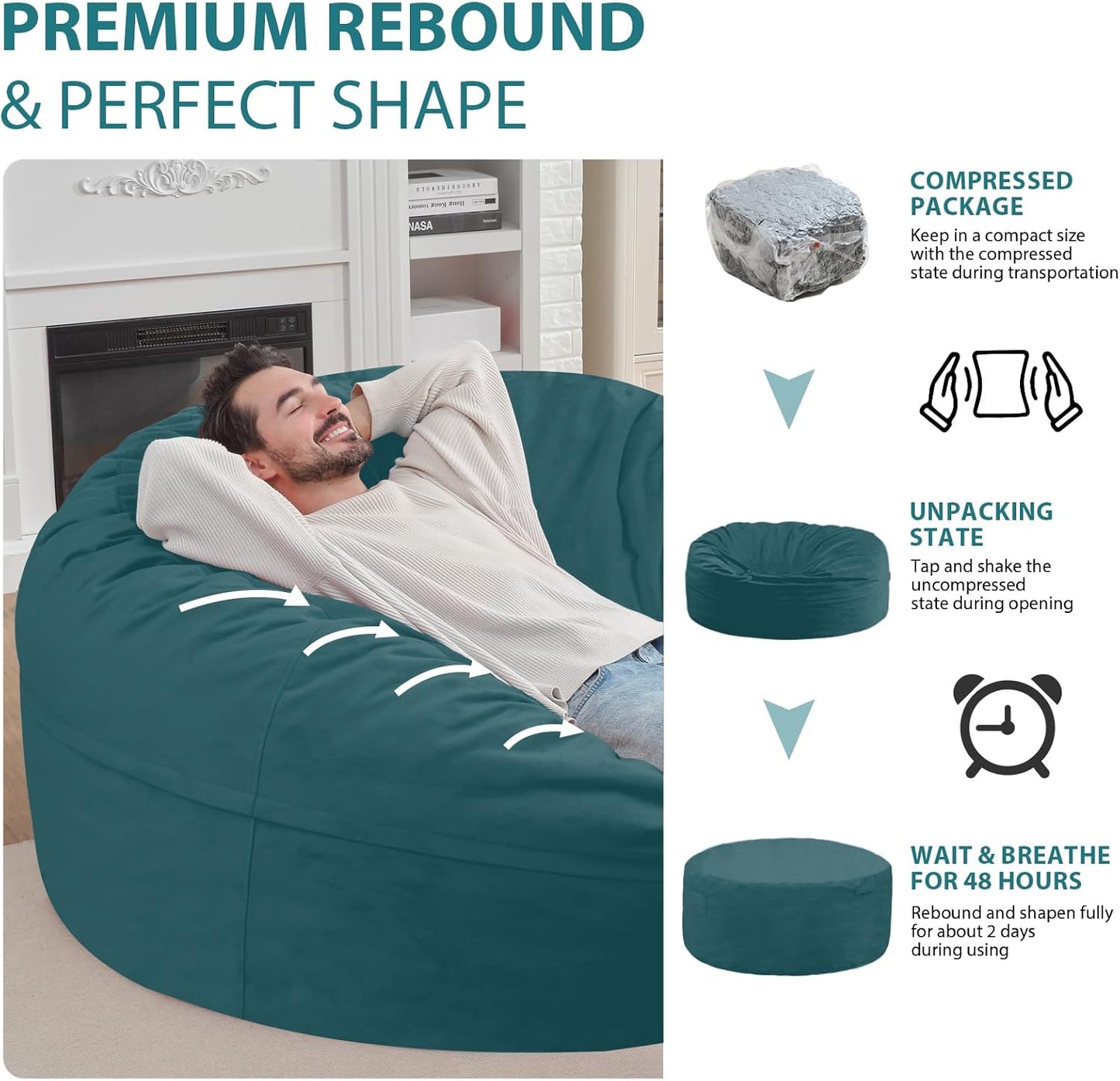 6FT Bean Bag Chair, Large Bean Bag Chairs with Memory Foam Filled, Fluffy Beanbag Sofa with Dutch Velvet Cover, Round BeanBag Chairs for Living Room, Playroom - Sea Blue