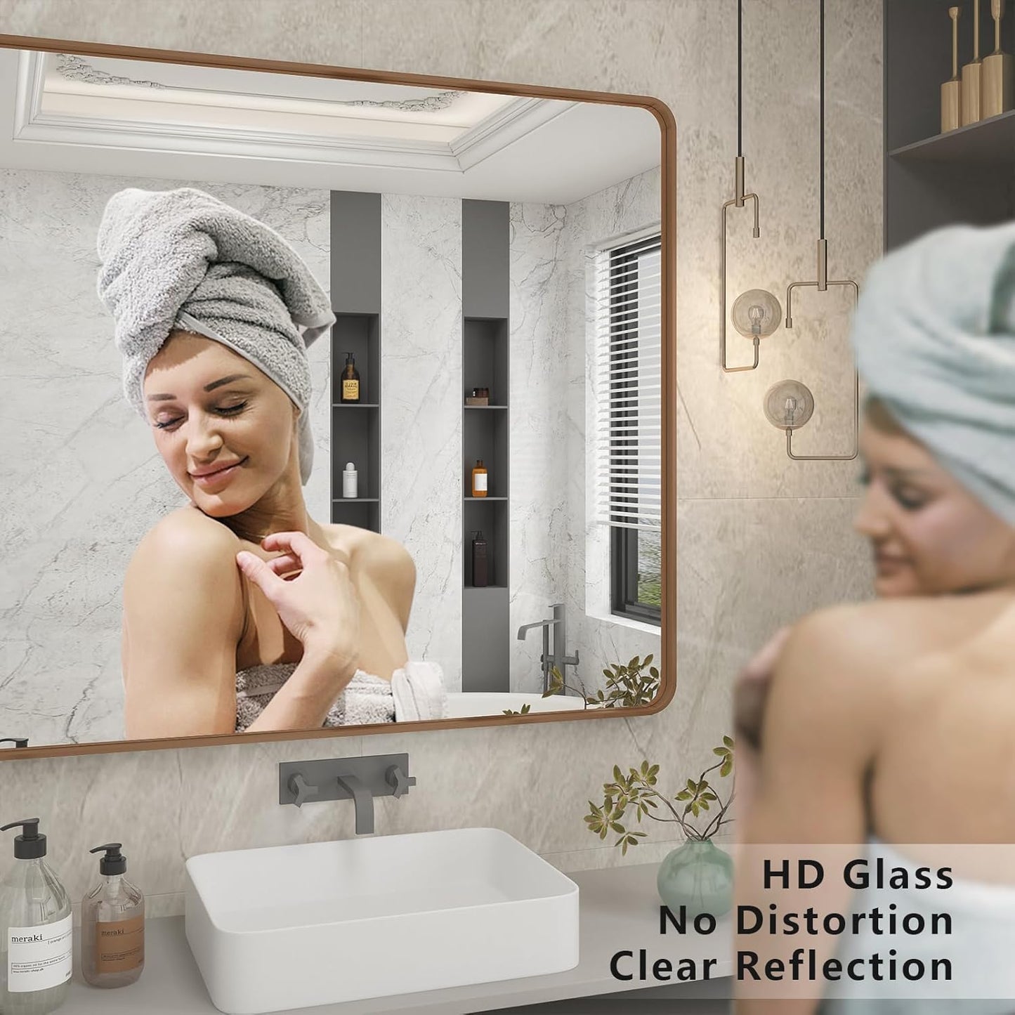 28x32 Gold Bathroom Mirror, Rounded Rectangle Gold Frame Mirror, Brushed Gold Brass Bathroom Vanity Mirror Wall-Mounted, Anti-Rust, Hangs Horizontally or Vertically