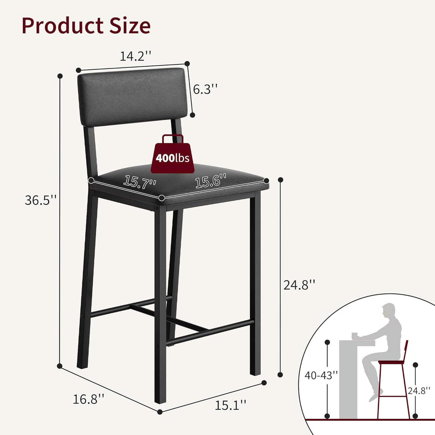 GarveeHome Bar Stools Set of 2, Counter Stools with Back and Thickened Metal Legs, Upholstered PU Leather Counter Height Barstools with Footrest, for Kitchen Island, Bar, Black