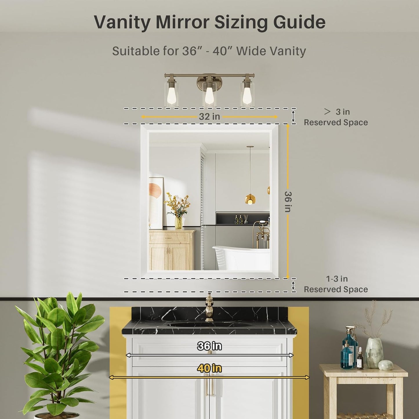 36x32 Inch White Bathroom Mirror for Wall, Thick Metal Framed Rectangle Mirrors for Over Sink, Bedroom, Living Room, Entryway, Anti-Rust, HD Tempered Glass