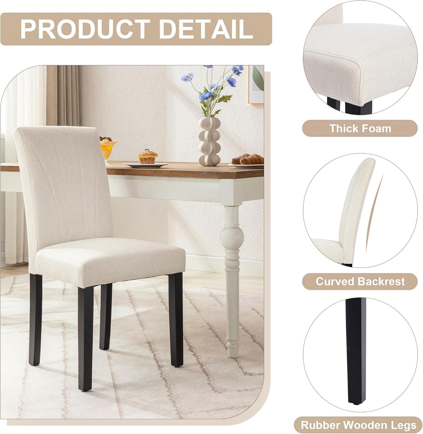 VECELO Upholstered Dining Chairs Set of 4, Modern Fabric and High Back & Solid Wood Legs, Parsons for Kitchen/Living Room- Beige