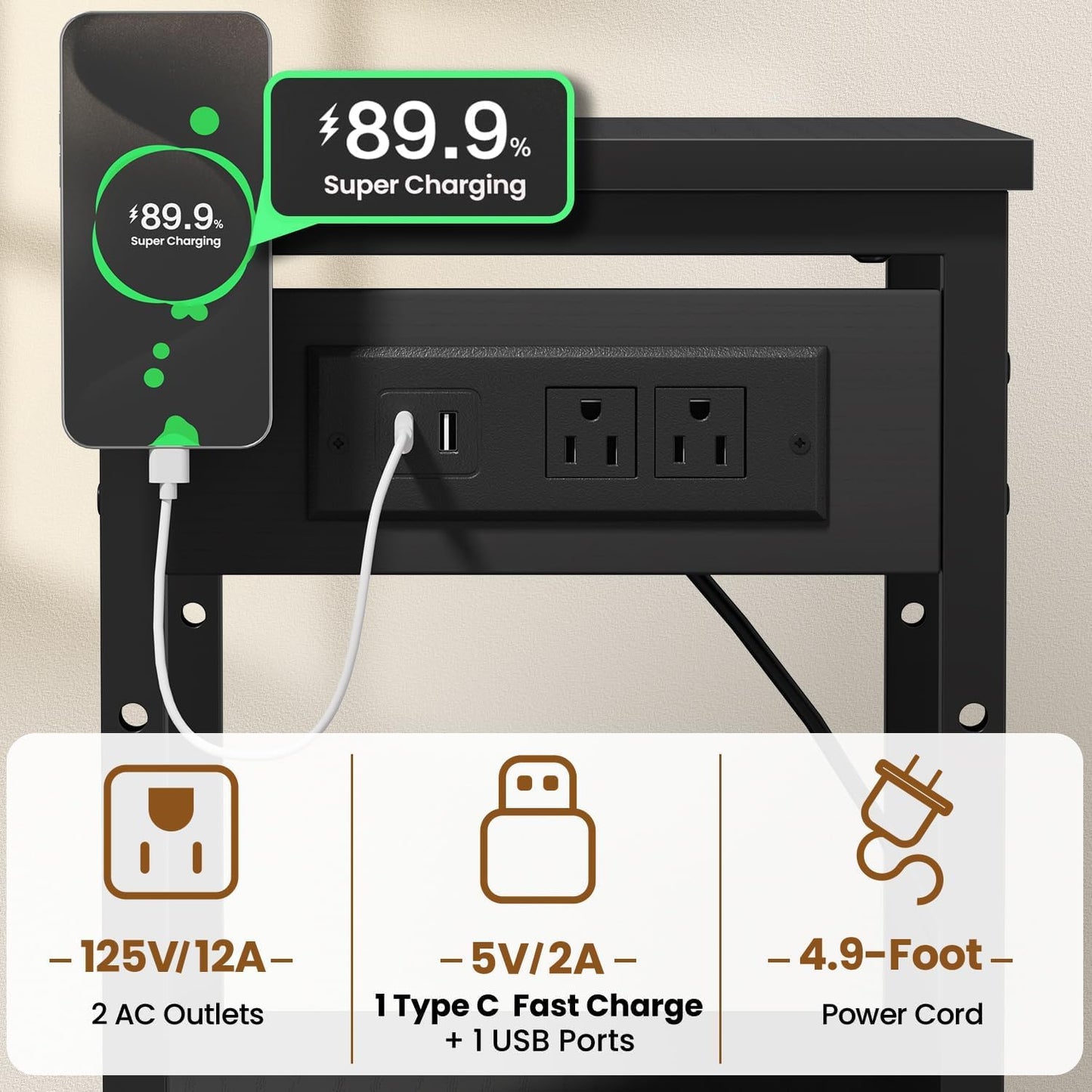 Tall End Table with Fast Charging Station, 3 Tier Narrow Side Table with Outlets and USB Ports & Type-C, Tall Nightstand with Storage, Bedside Table Stand for Living Room, Bedroom, Black