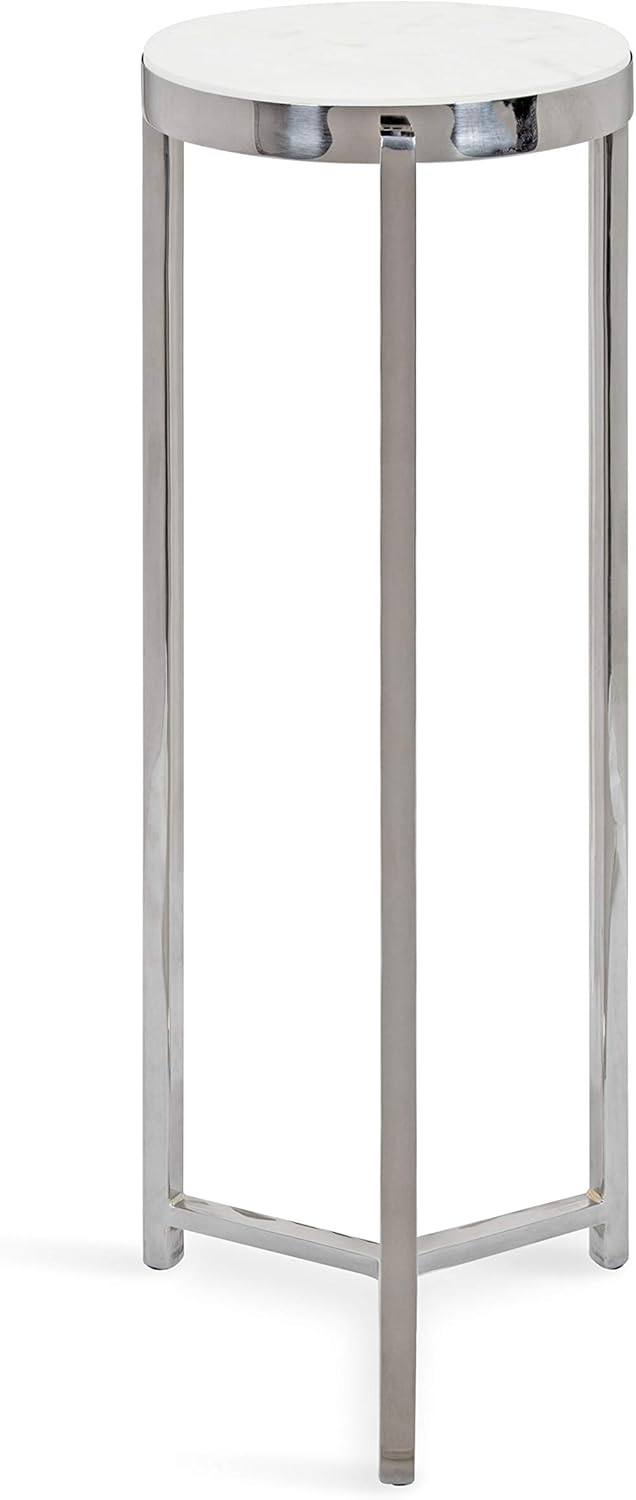 Kate and Laurel Aguilar Glam Round Drink Table, 8 x 8 x 23, Silver and White, Small Accent Table for Use as Plant Pedestal Stand with Marble Tabletop