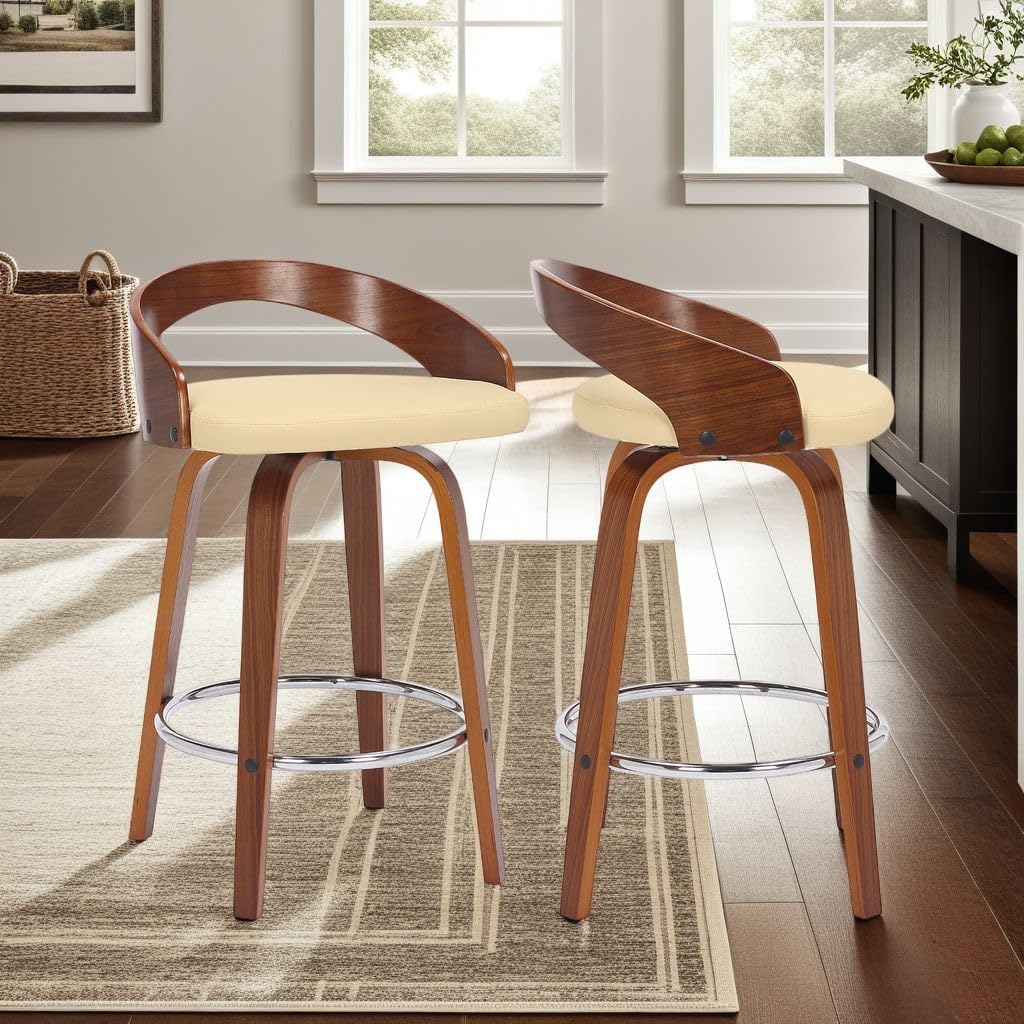 Armen Living Sonia 26" Counter Height Swivel Cream Faux Leather and Walnut Wood Bar Stool - Set of 4
