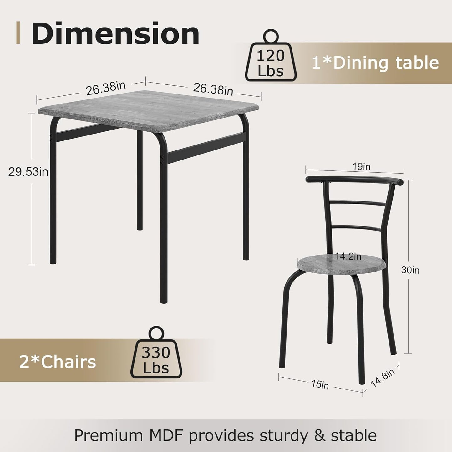 VECELO 3 Piece Dining Table & Chairs Set for 2, Metal and Wooden Square Kitchen Dinette Set for Small Space, Breakfast Nook, Saving Space, Grey