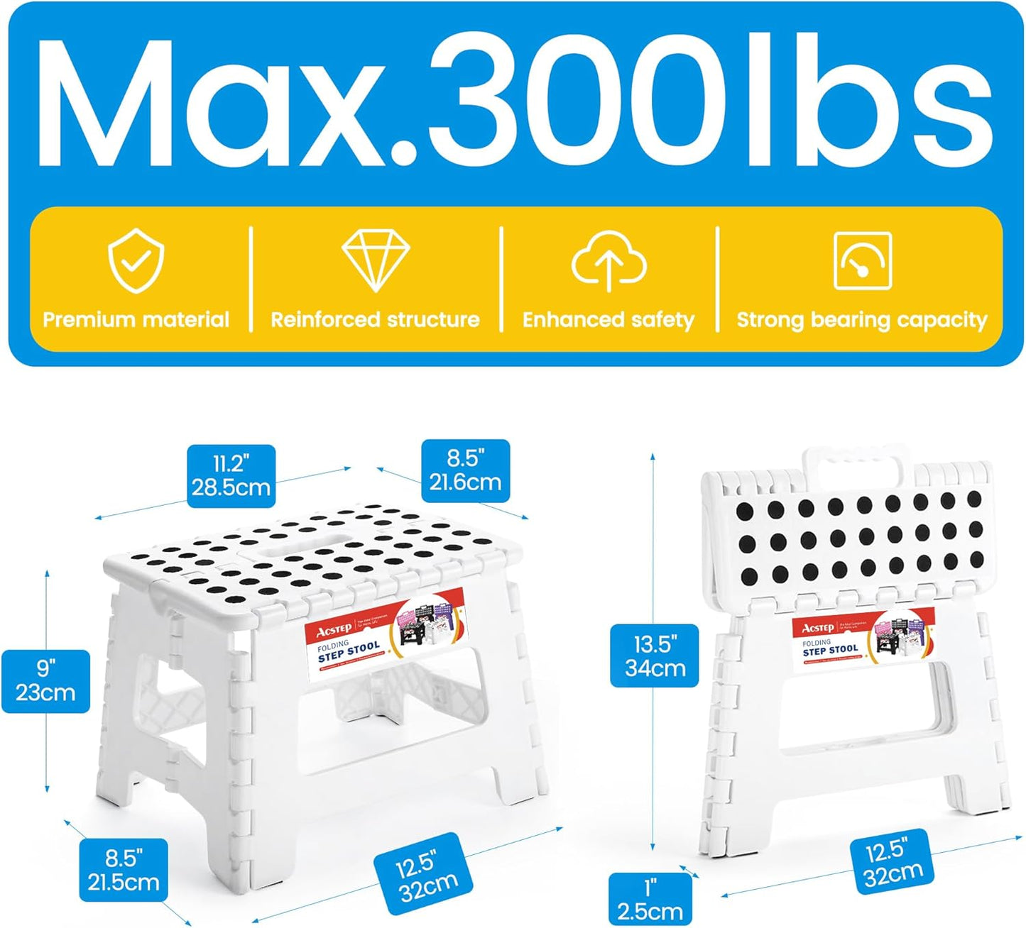 ACSTEP Folding Stool - Portable, Collapsible Plastic Step Stool, 9 Inch, Non Slip, Foldable, for Kitchen, Bathroom, Bedroom (White)