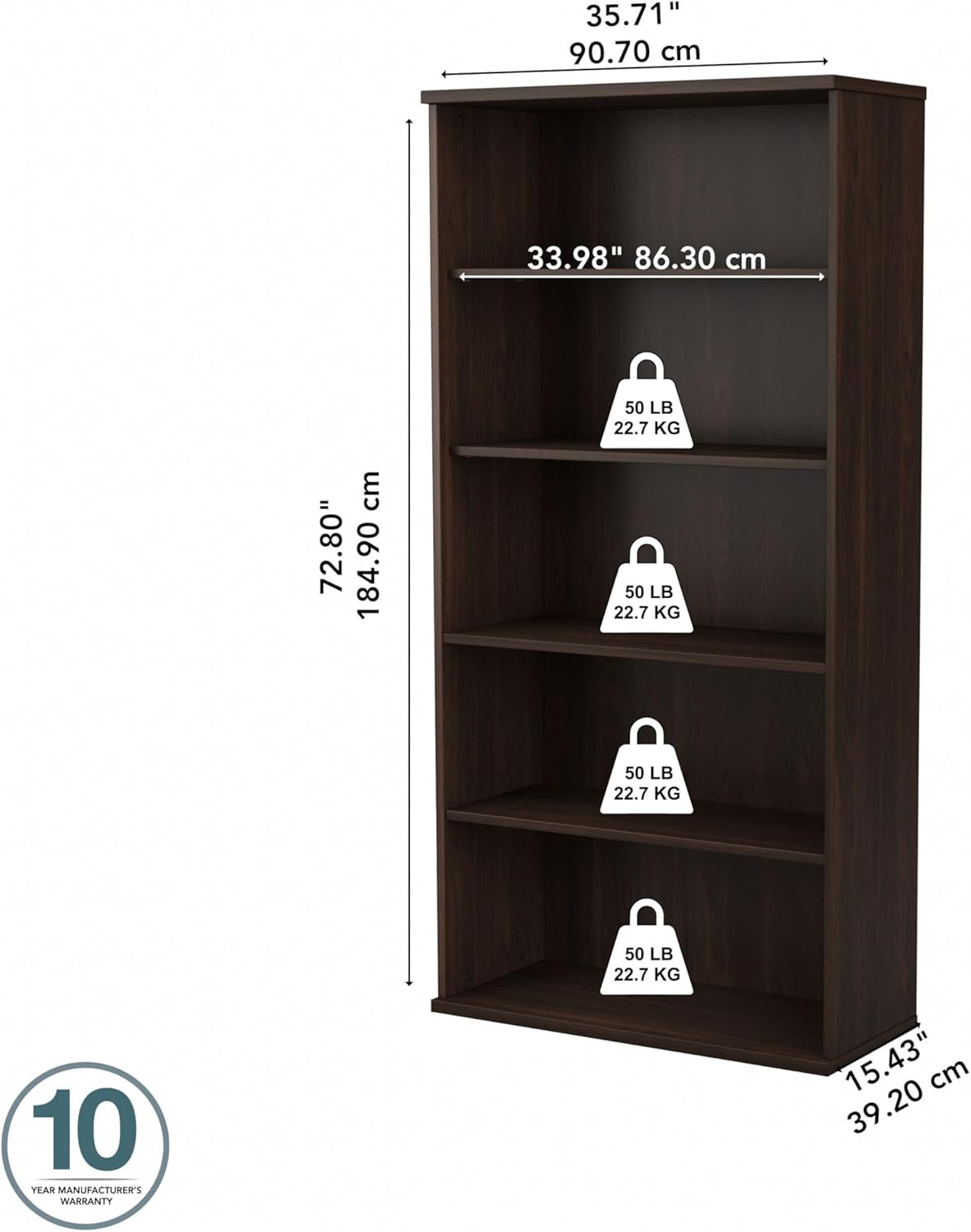 Bush Business Furniture Studio C Tall 5 Shelf Bookcase in Black Walnut, Large Bookshelf for Home or Professional Workplace Organization