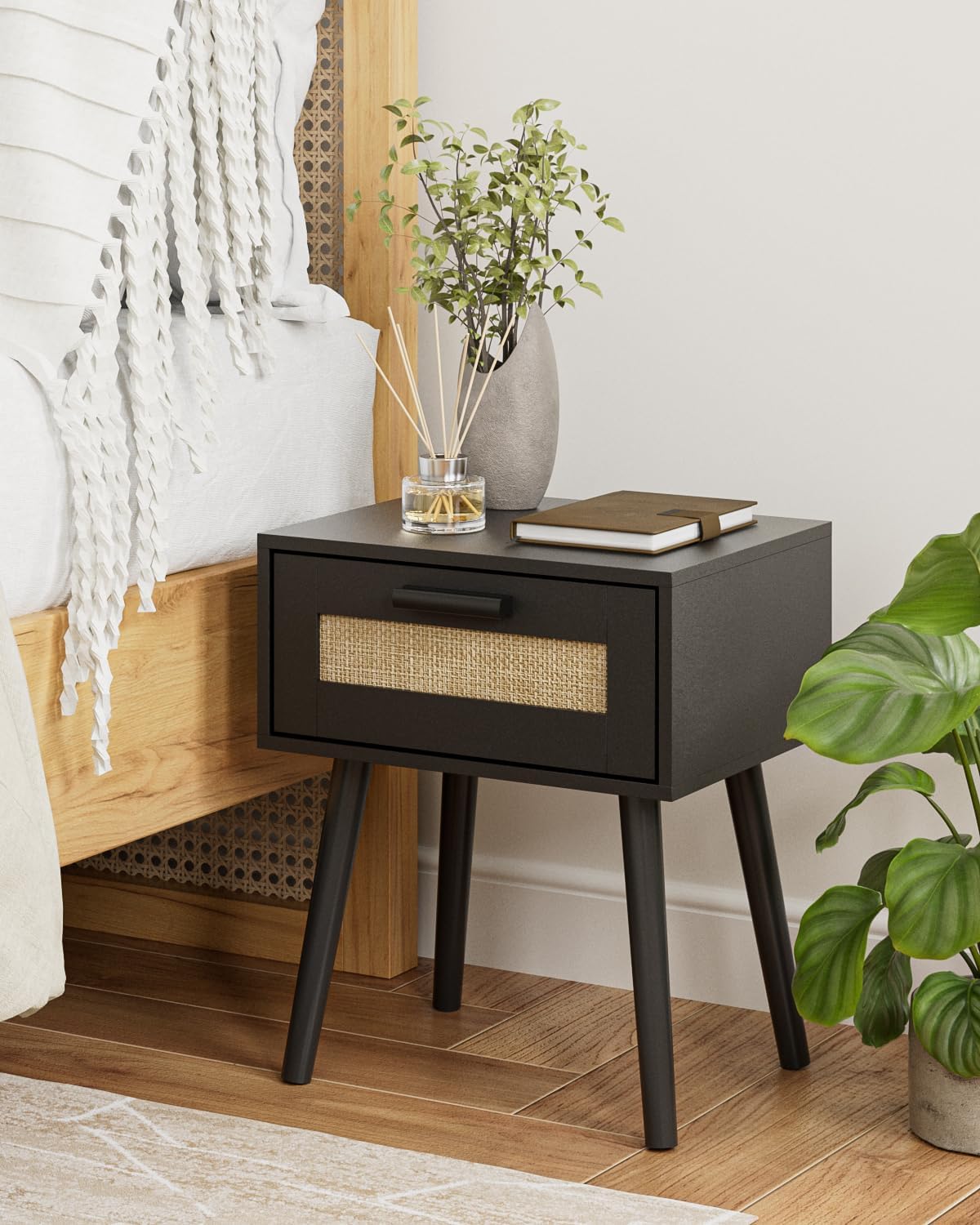 Bedroom Nightstands Wooden Night Stands with Rattan Weaving Drawer Home Bedside End Table for Bedroom Storage (Bohemian-Black)