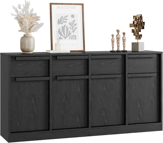 GarveeHome Sideboard Buffet Cabinet with 4 Drawers, 62.4" Large Coffee Cabinet with Storage, Modern Storage Buffet Table for Kitchen Dining Room, Living Room (Black, 4 Doors & 4 Drawers)