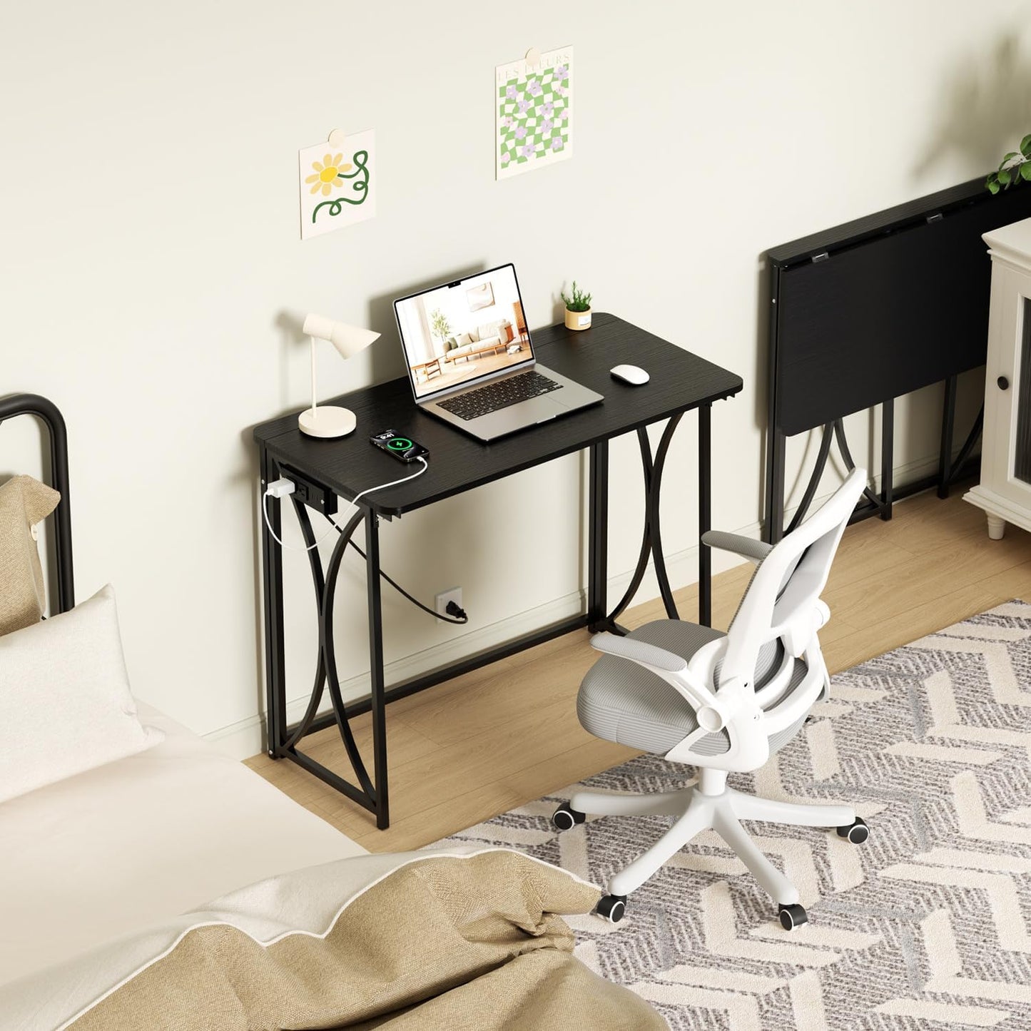 Folding Desk, 31.5" Small Desk for Bedroom with Power Outlet, Space Saving Foldable Computer Desk for Home Office, Easy Assembly, Black
