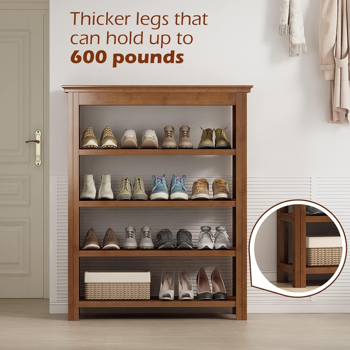 Bamworld Shoe Rack 5 Tier Wooden Storage Benches Wood Free Standing Shoe Shelf for Entryway Hallway (Brown,31.5")