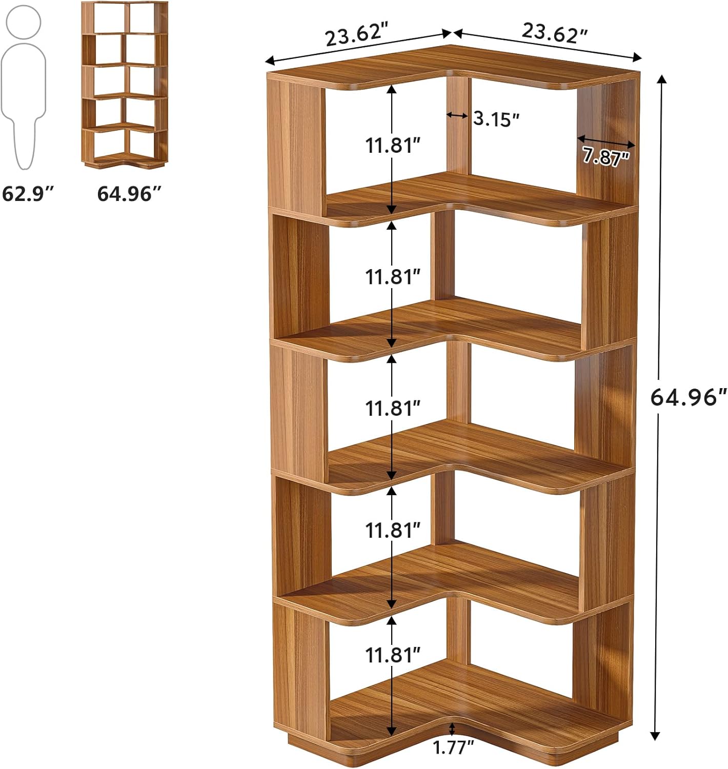 LITTLE TREE 6-Shelf Corner Bookshelf, 65” Tall L Shaped Bookcase, 6-Tier Industrial Corner Shelf Storage Display Rack for Living Room Home Office, Wood Grain Walnut