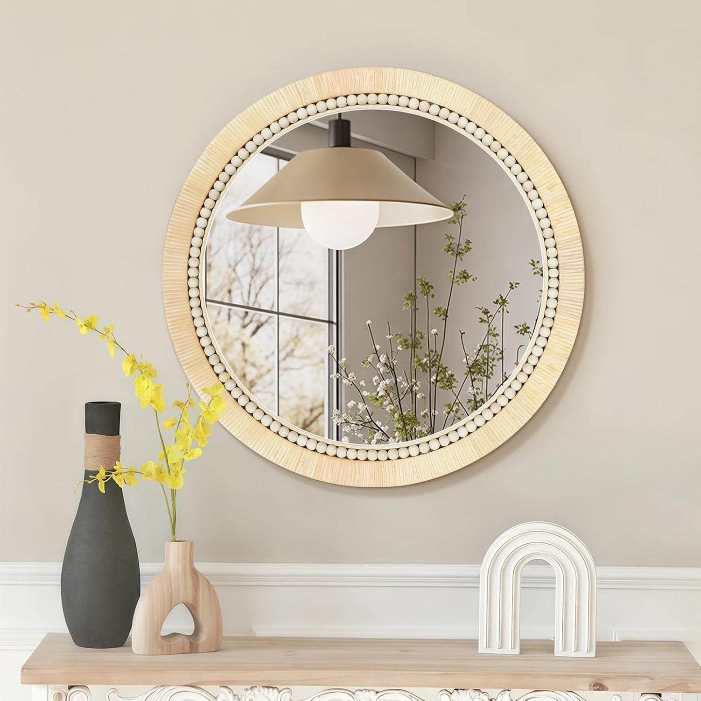 ULIKE Round Rattan Mirror, Bathroom 24 Inch Rustic Farmhouse Wall Decor with Handmade Wicker Frame, Boho Mirror for Nursery Bedroom Living Room Entryway