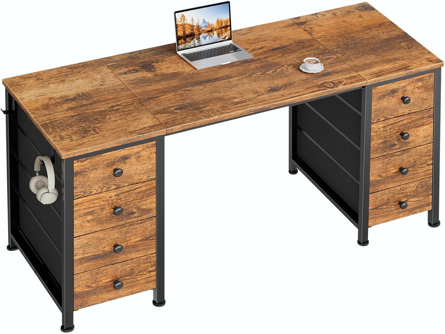 Home Office Desk with Drawers for Storage - 55 inch Computer Desk with 8 Fabric Drawer, Writing Study Work Desks with Drawers on Both Sides for Bedroom