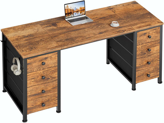 Home Office Desk with Drawers for Storage - 55 inch Computer Desk with 8 Fabric Drawer, Writing Study Work Desks with Drawers on Both Sides for Bedroom