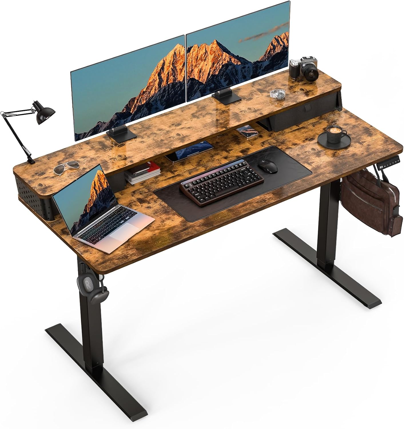 Standing Desk With Drawers and Brushless Motor,Electric Height Adjustable desk for Walking Pad,Ergonomic Stand Up Desk for Home Office & Gaming,3 Memory Height Preset & Hooks(55" x 24",Rustic Brown)