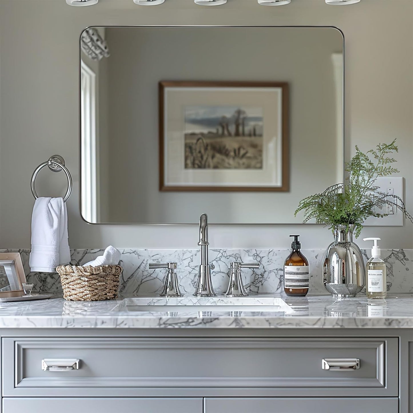 ANDY STAR 36"x48"Chrome Bathroom Mirror, Large Wall Mirror for Bathroom, Rounded Rectangle Mirror in Premium Stainless Steel Metal Frame Hangs Horizontal Or Vertical…