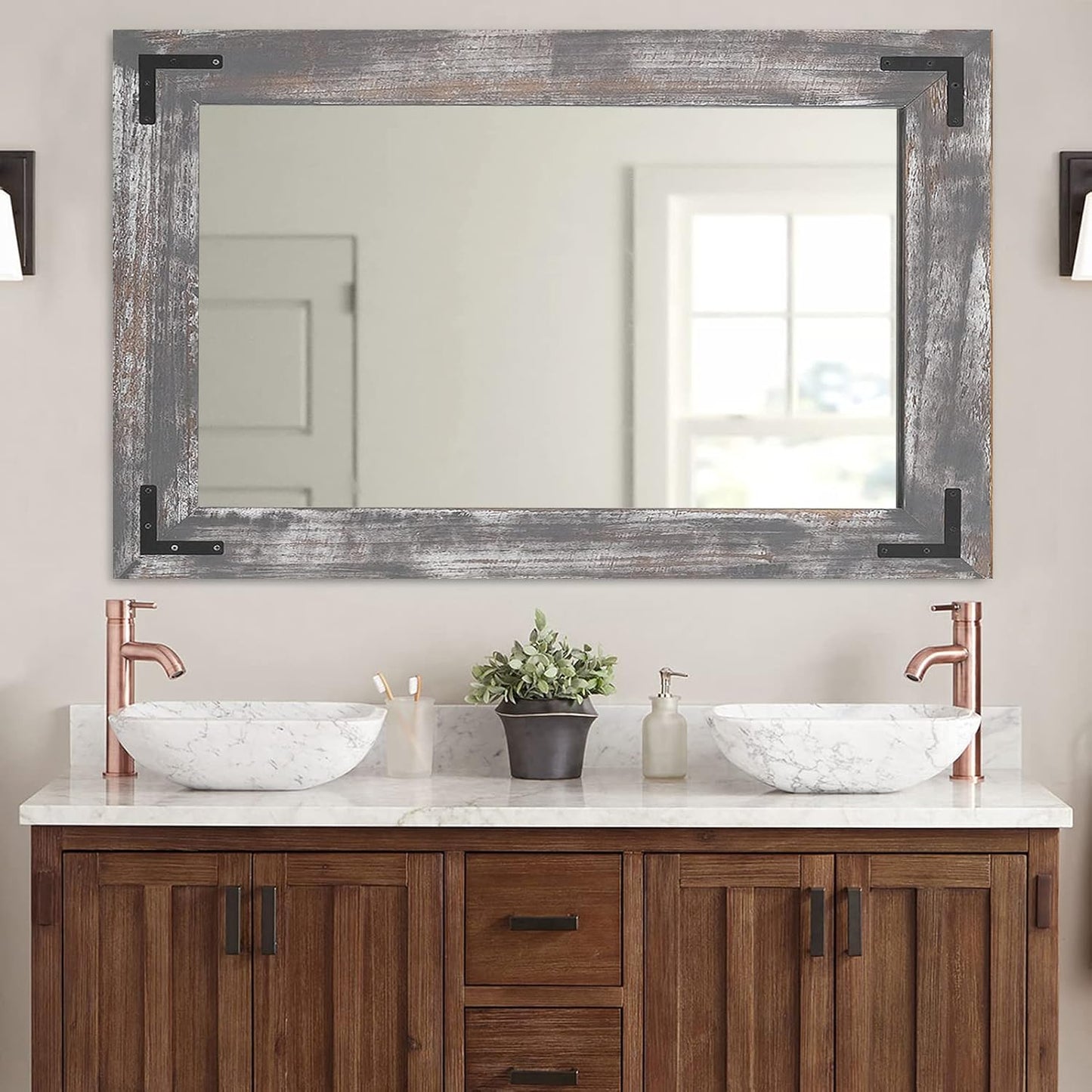 YOSHOOT Rustic Wooden Framed Wall Mirror, 40"x26", Natural Wood Bathroom Vanity Mirror for Farmhouse Decor, Vertical or Horizontal Hanging