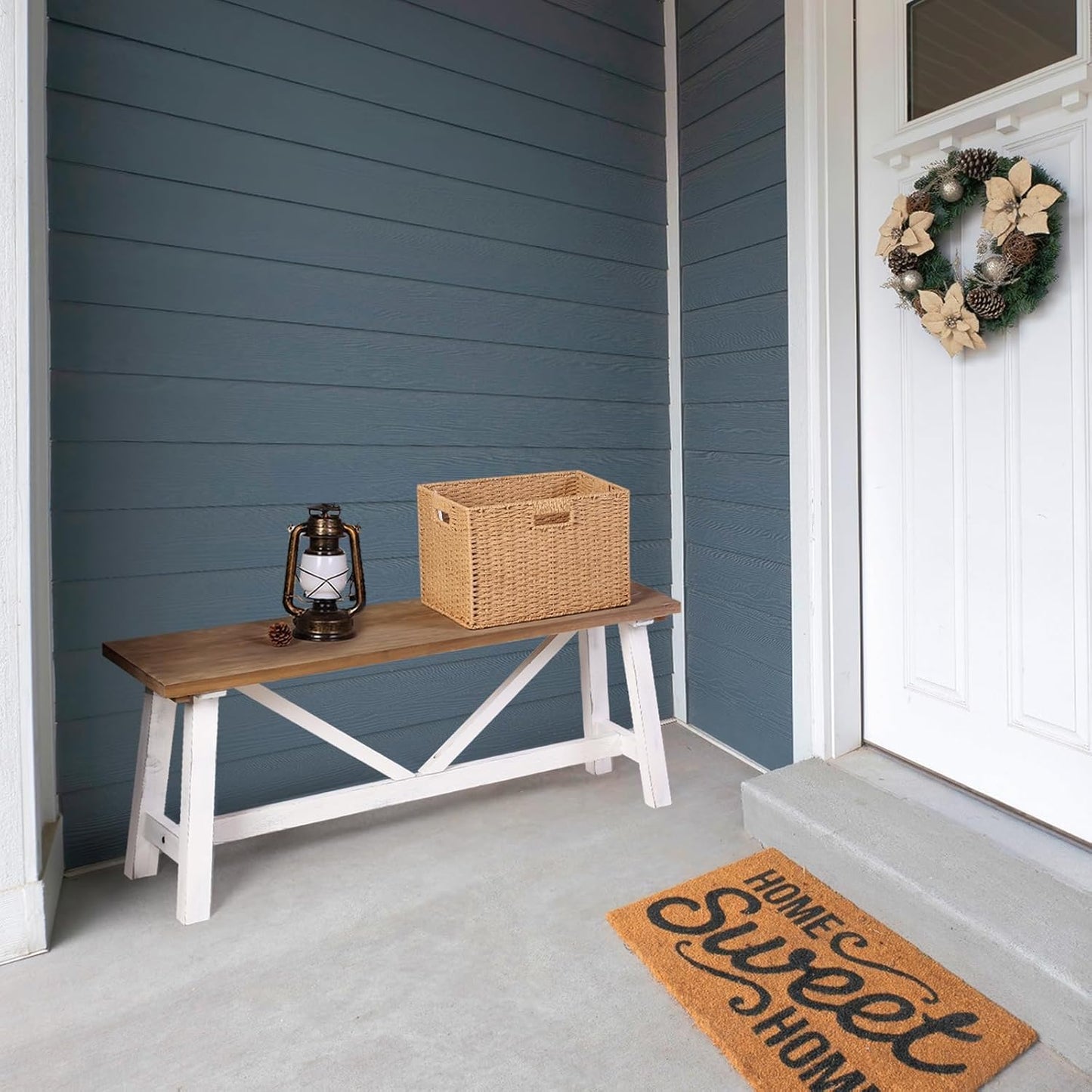 Wnutrees 43" Farmhouse Wood Bench, Narrow Bench, Long Bench Seat for Entryway, Living Room, Dining Room, Solid Wood, White