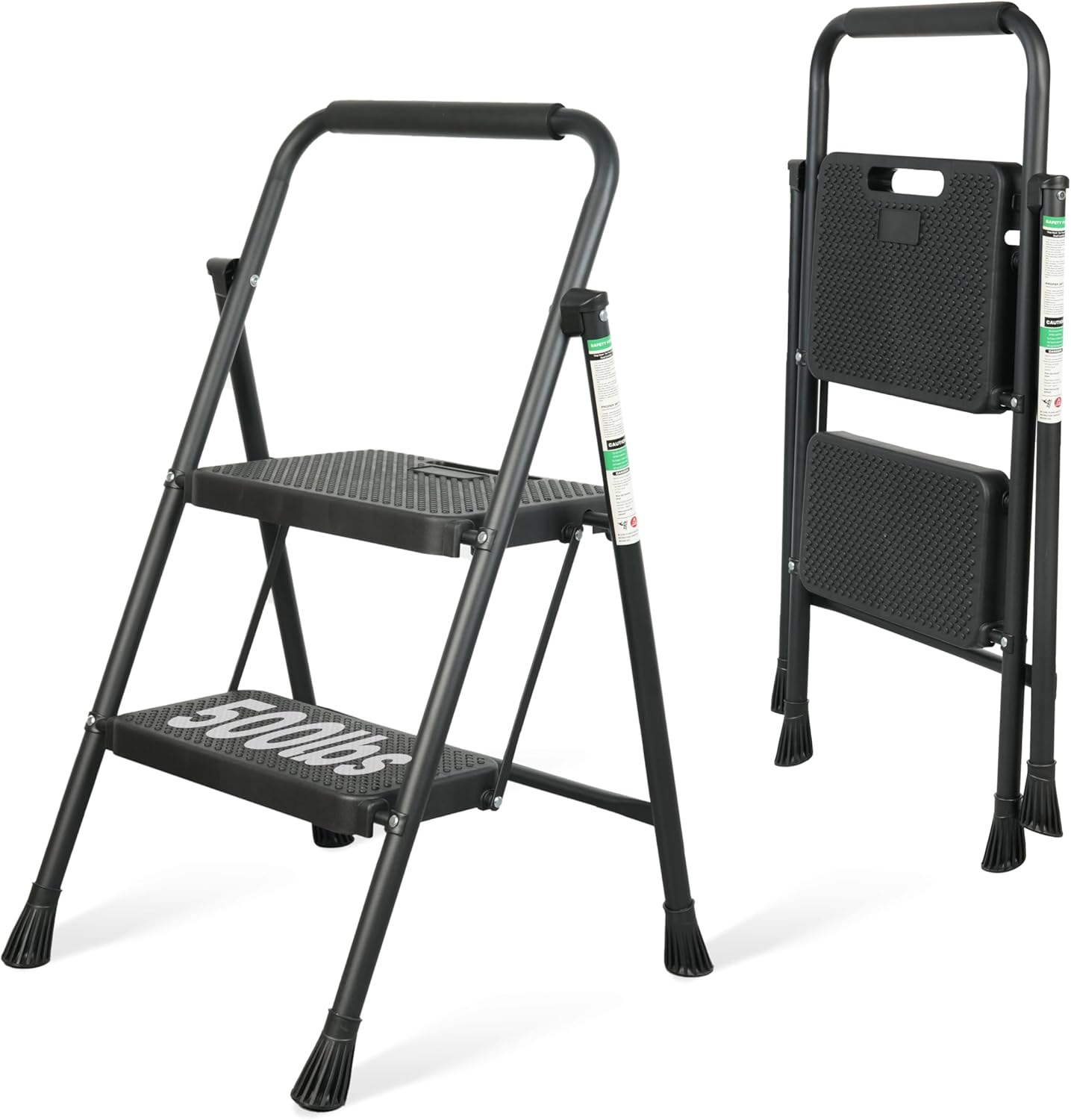 2 Step Ladder, Portable Steel Folding Step Stool with Wide Anti-Slip Pedal & Convenient Handgrip, 500lbs Sturdy Steel Ladder, Black