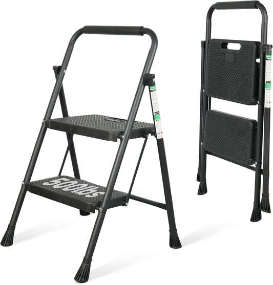 2 Step Ladder, Portable Steel Folding Step Stool with Wide Anti-Slip Pedal & Convenient Handgrip, 500lbs Sturdy Steel Ladder, Black