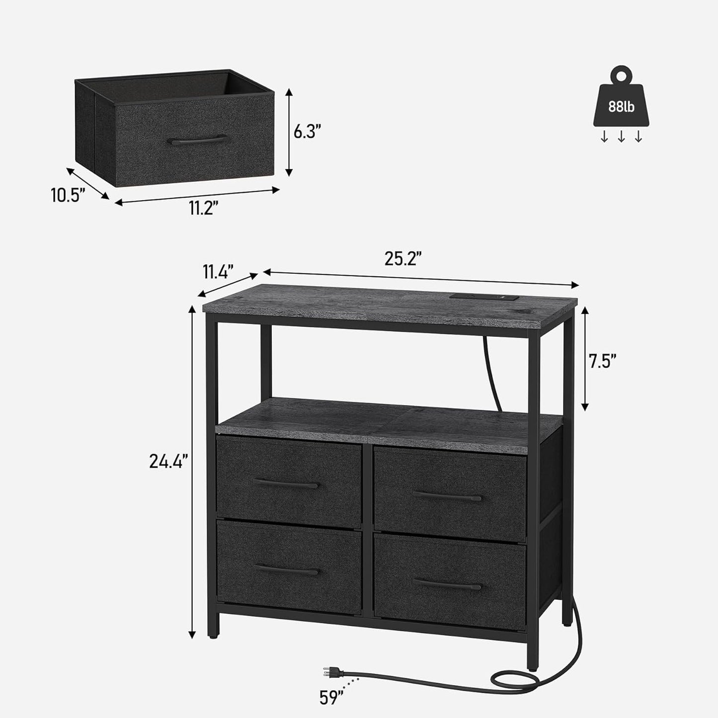 TUTOTAK Large Night Stand with Charging Station, Nightstand with USB and Type-C Port, Bedside Table with Cloth Drawers, End Table for Livingroom, Bedroom, Charcoal Grey TB01BY081