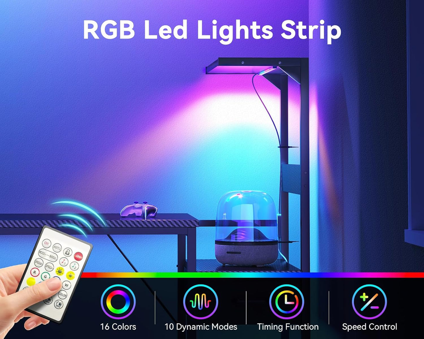 Casaottima 54 Inch Gaming Desk with Storage & LED Lights, Reversible Computer Desk with Display Shelves & Fabric Drawer, Modern Gamer Desk Table with Side Headphone Hook, Carbon Fiber Black