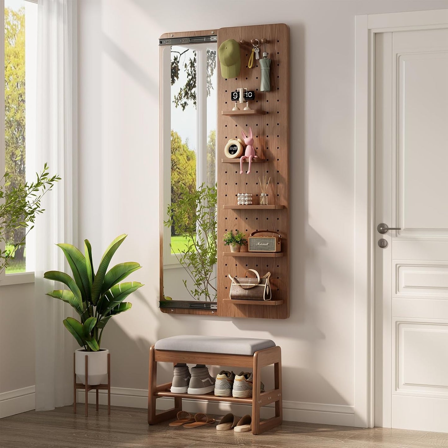 KungFuWood Full Length Mirror with Shelf and Hooks,Entry Way Mirrors for Wall,Wall Mirror with Shelf,Wall Mirror with Storage Multifunctional Design Panel,Living Room