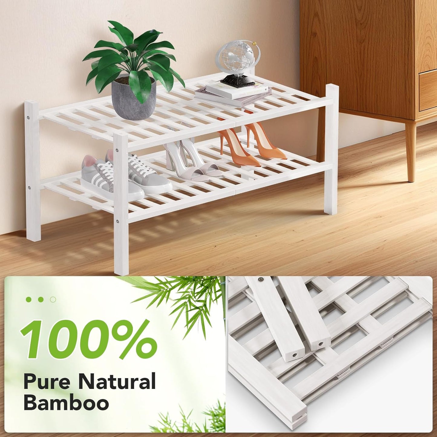 Haddockway 2 Tier Bamboo Shoe Rack Storage Organizer, Multifunctional Free Standing Stackable Shoe Shelf with Grid Panel for Closet,Hallway,Entryway,Small Space 27"x11"x13" (White, 2 Tier)