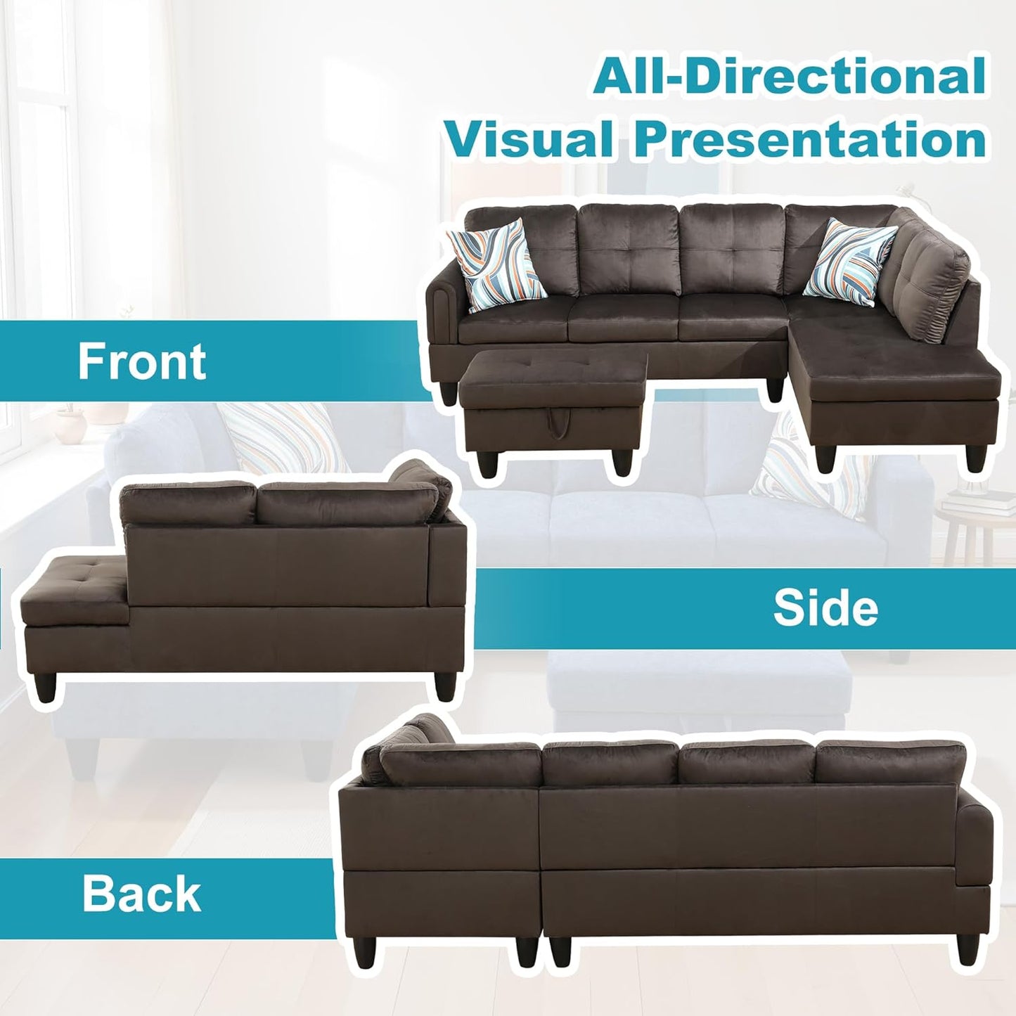 Couches for Living Room Modern L Shaped Couch Comfy Flannel Fabric 3 Pieces Sectional Sofa with Chaise, Ottoman with Storage for Office and Small Apartment, Dark Brown