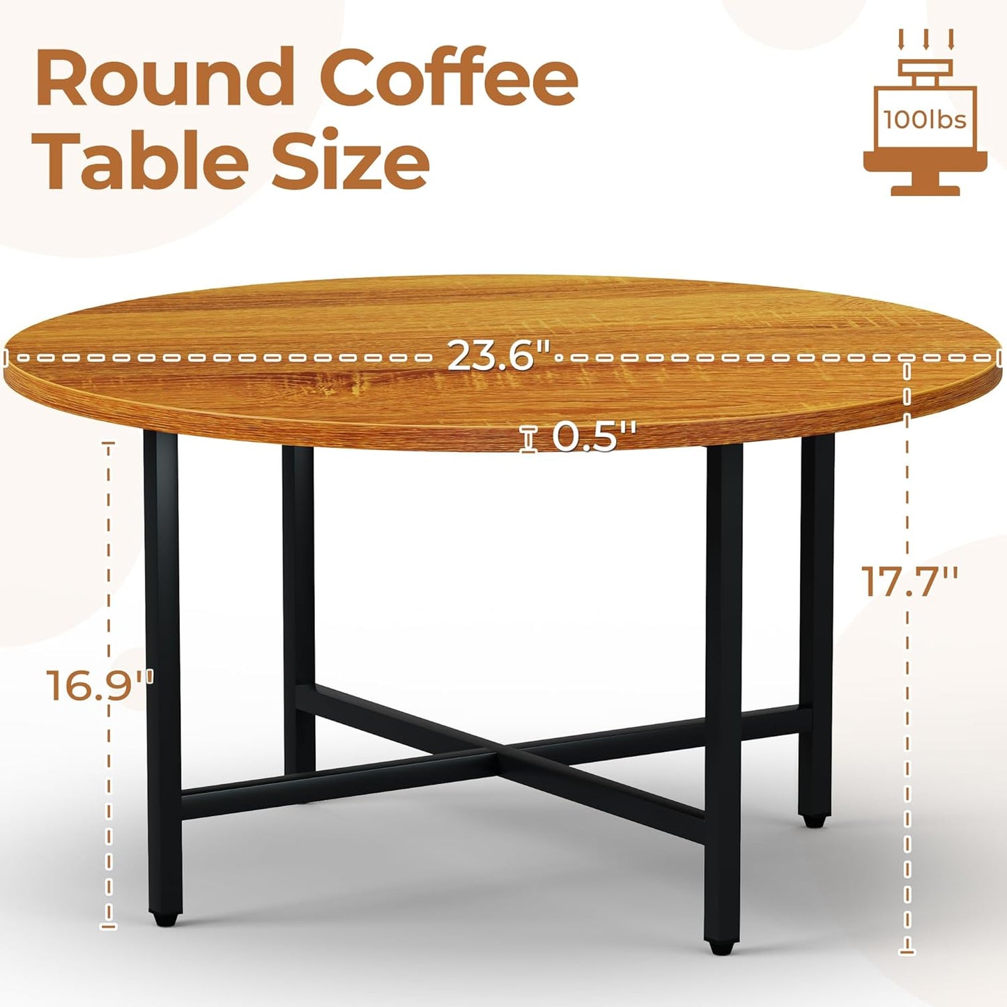 Coffee Table, 23.6" Coffee Tables for Living Room, Round Coffee Table with Metal Frame, Floor Table for Sitting on The Floor, Home, Office, Honey Brown