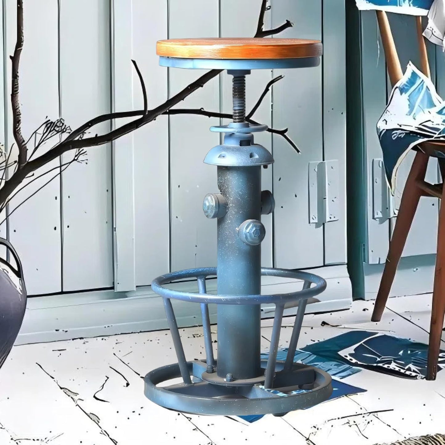 Topower Aged Steampunk Deco Industrial Round Bottom Adjustable Height Cafe Coffee Retro Vintage Fire Hydrant Design Pub Kitchen Counter Bar Stool (Antique Blue, Wooden Top)