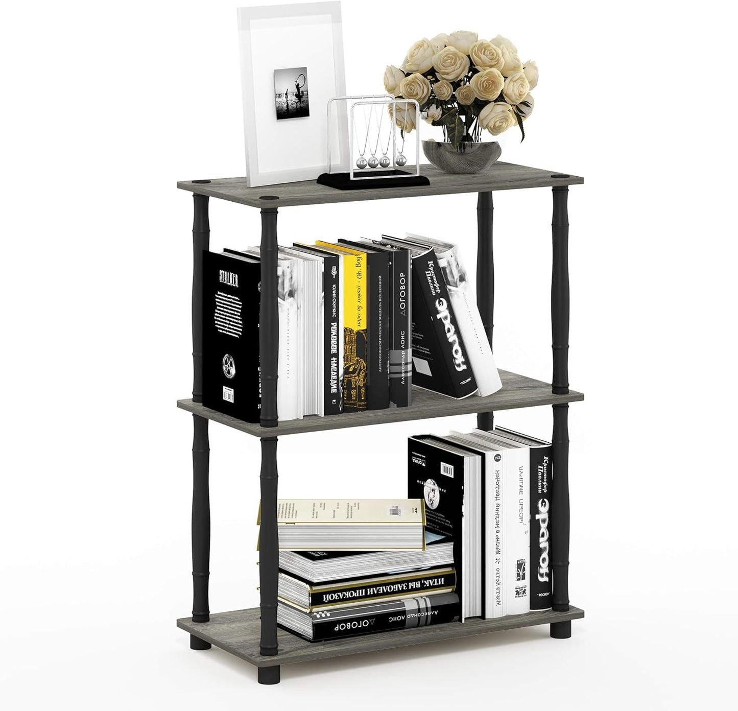 Furinno 18029GYW/BK Turn-N-Tube 3-Tier Compact Multipurpose Shelf Display Rack, Classic, French Oak Grey/Black, 3-Tier Classic Tubes